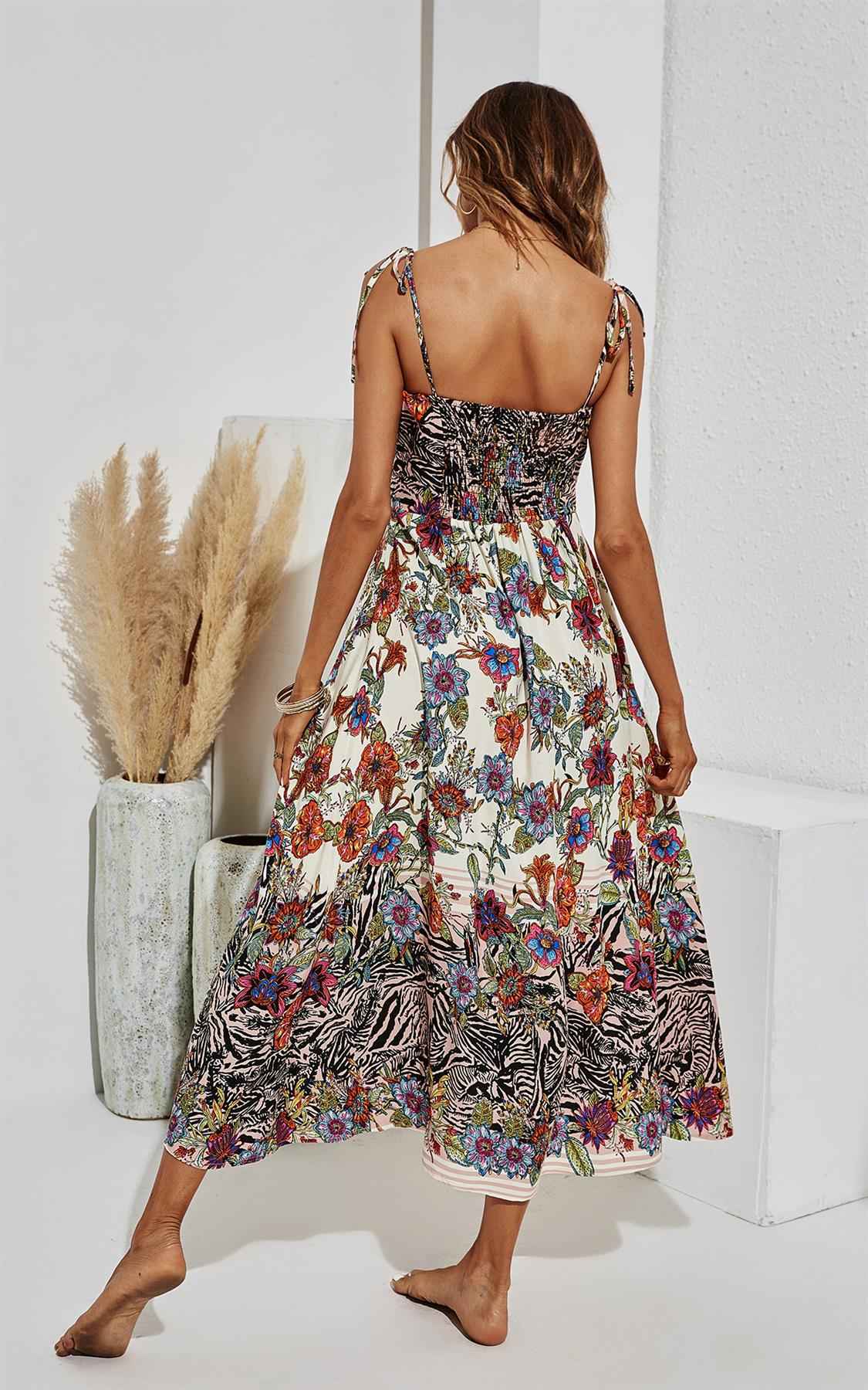 Black Zebra & Floral Print Tie On Shoulder Strappy Midi Dress In White