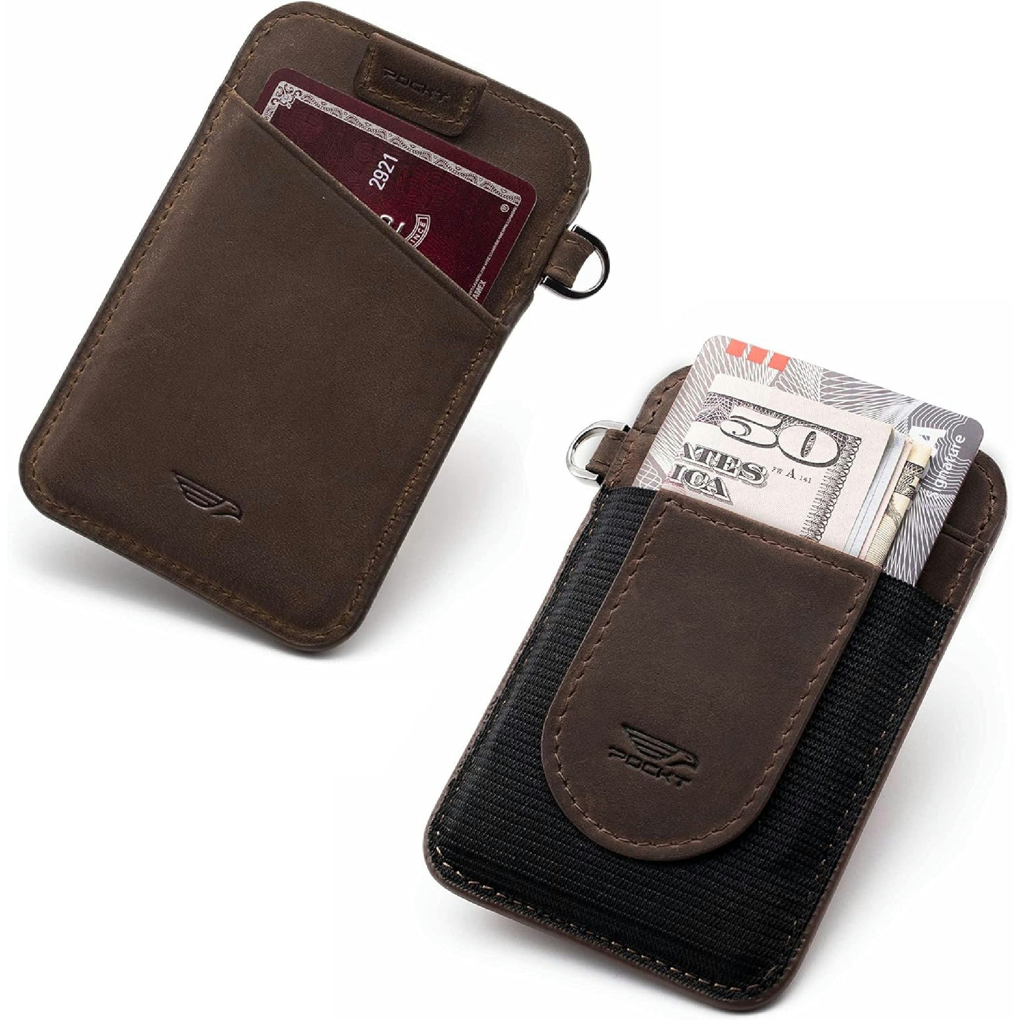 POCKT Portafoglio porta carte per uomini e donne, sottile e minimalista, tasca frontale, elastico, porta carte di credito, in vera pelle, blocco RFID, marrone, piccolo Hauptansicht