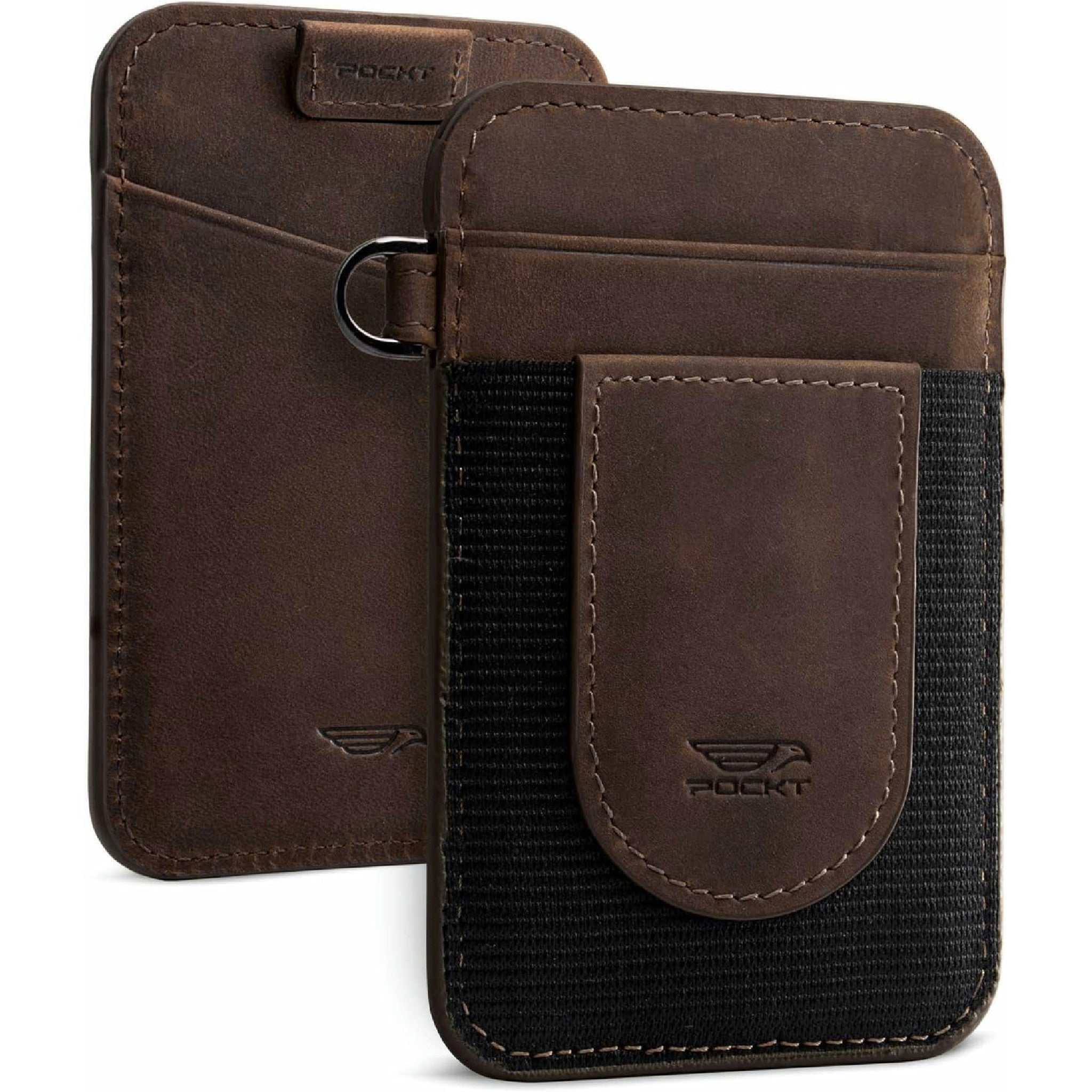 POCKT Portafoglio porta carte per uomini e donne, sottile e minimalista, tasca frontale, elastico, porta carte di credito, in vera pelle, blocco RFID, marrone, piccolo Hauptansicht