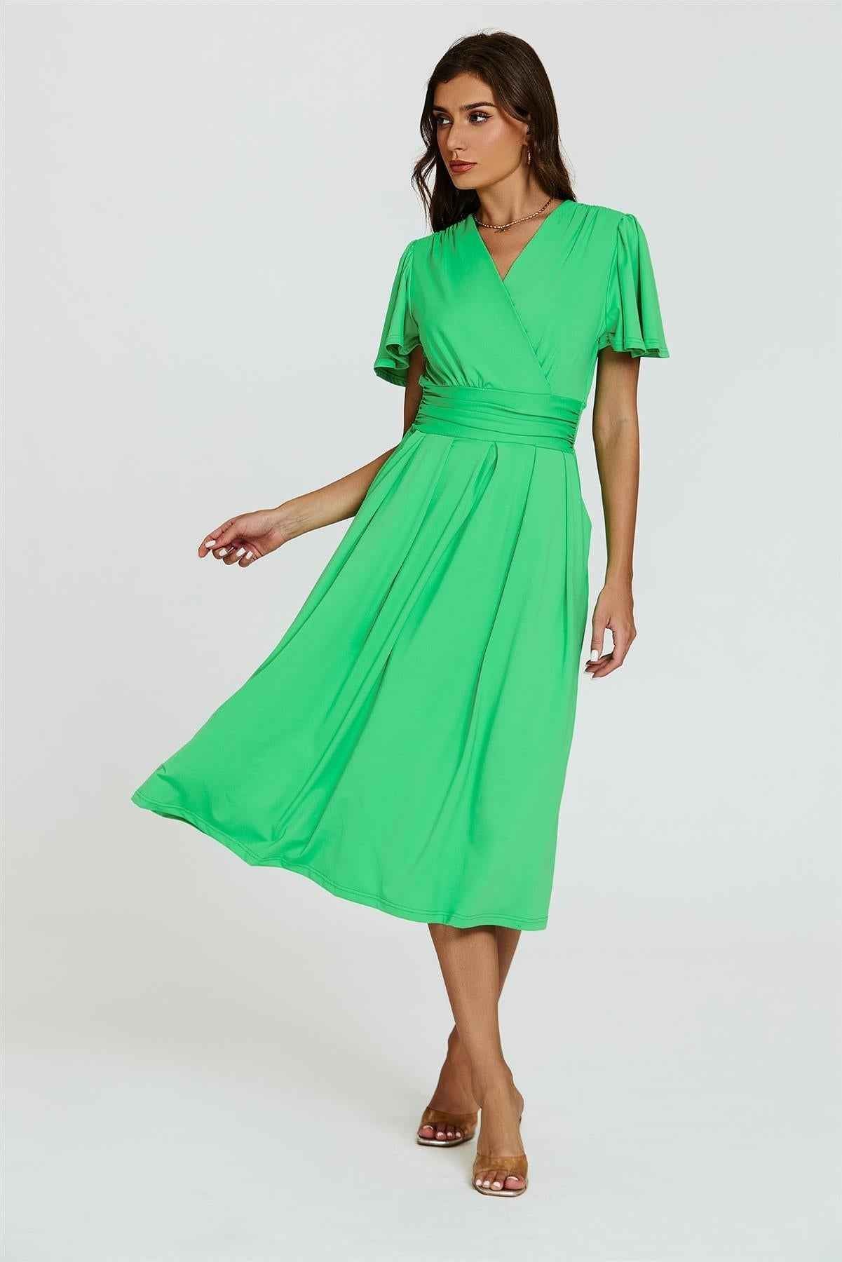 Angel Sleeve Jersey Midi Dress In Green