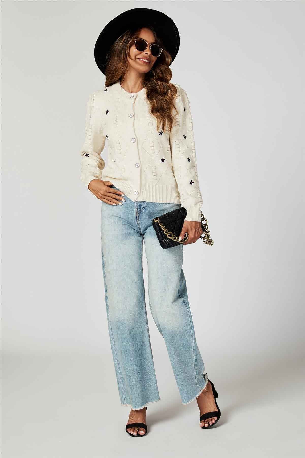 Star Embroidered Knitted Cardigan In Bone White