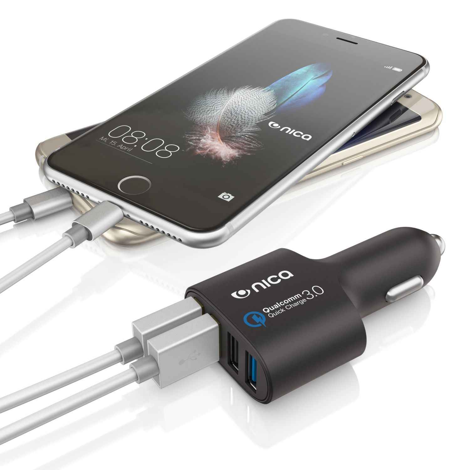 4-Port USB Quick Charge 3.0 Auto Ladegerät von NALIA Kfz Ladeadapter Schnelllader