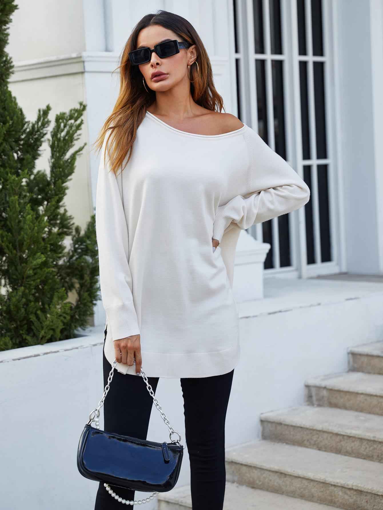 Oversize Knitted Jumper Top In Ecru
