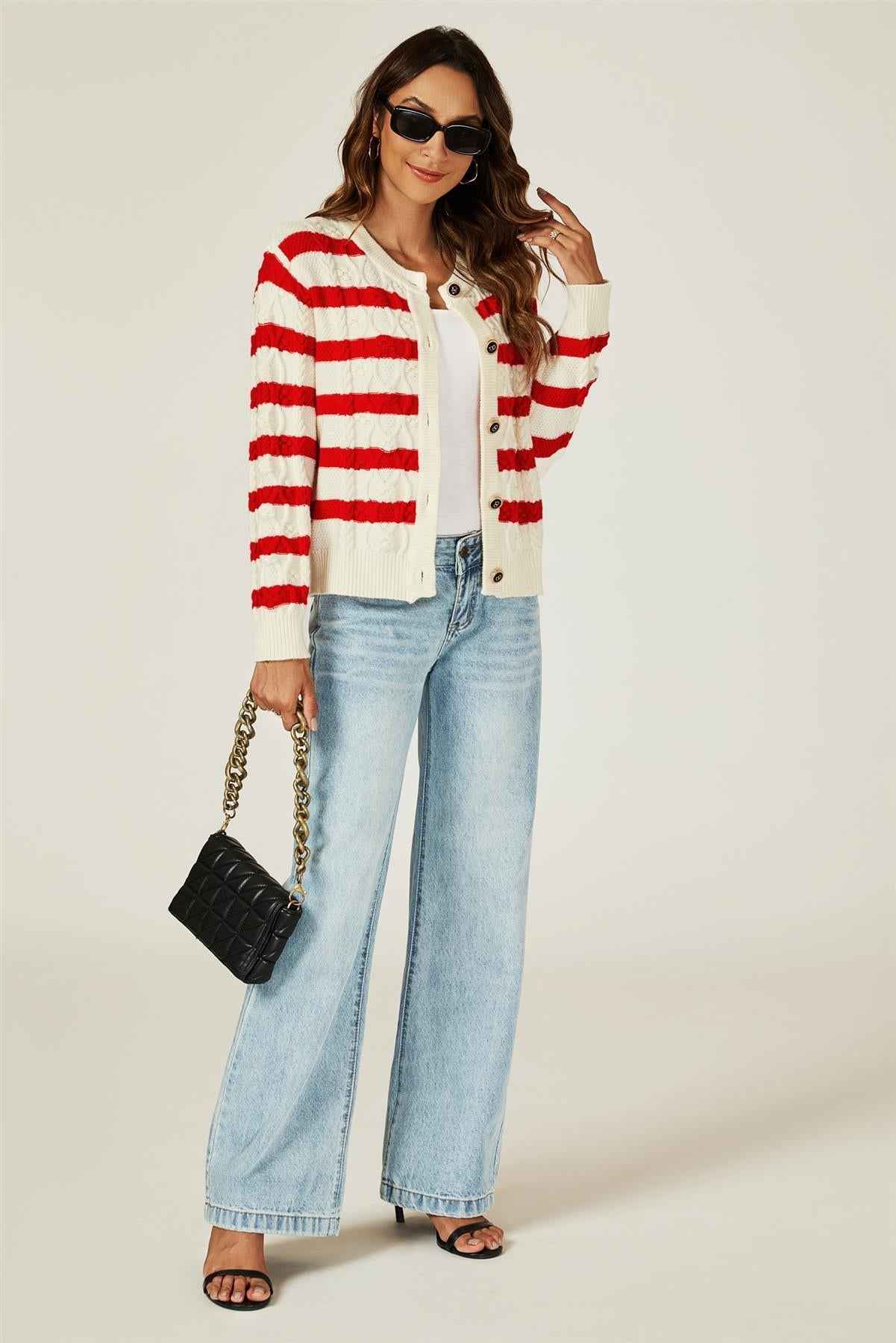Stripe Pattern Knitted Cardigan In Red