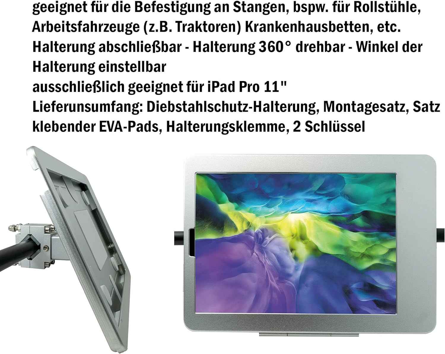 SYSTEM-S Stangen Halterung mit Schloss Befestigung aus Metall in Schwarz für iPad Pro 11"