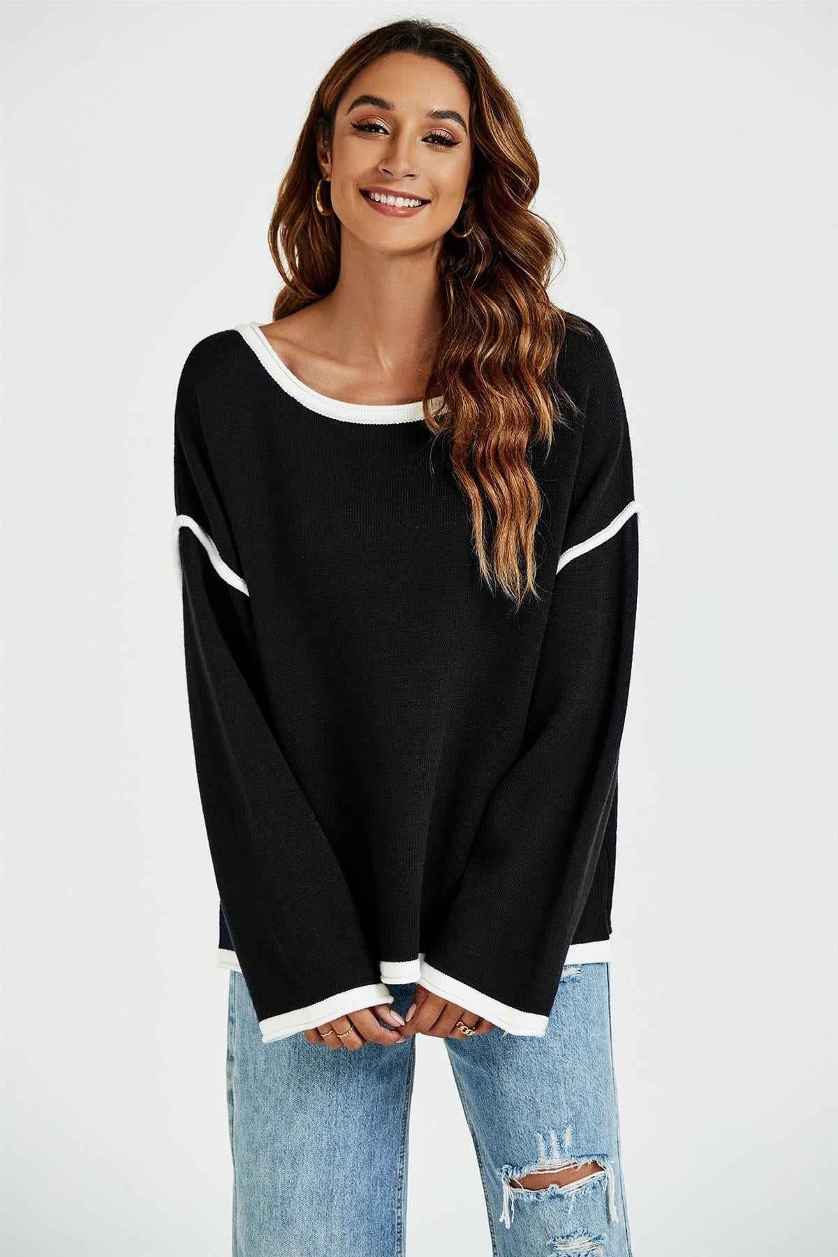 White Striped Oversized Jumper Top In Black