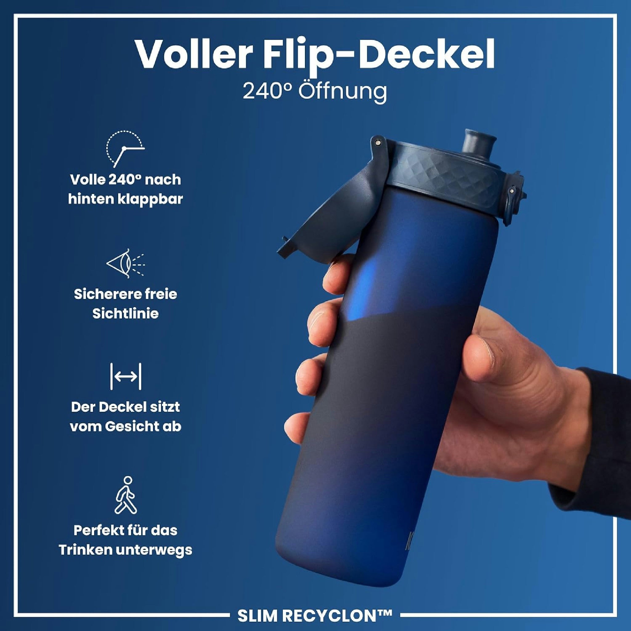 Ion8 Gourde, 500ml, Anti-Fuite, Facile à Ouvrir, Verrouillage Sécurisé, Lavable en Lave-vaisselle, Sans BPA, Poignée de Transport, S'adapte aux Porte-gobelets, Facile à Nettoyer, Bleu Marine Hauptansicht