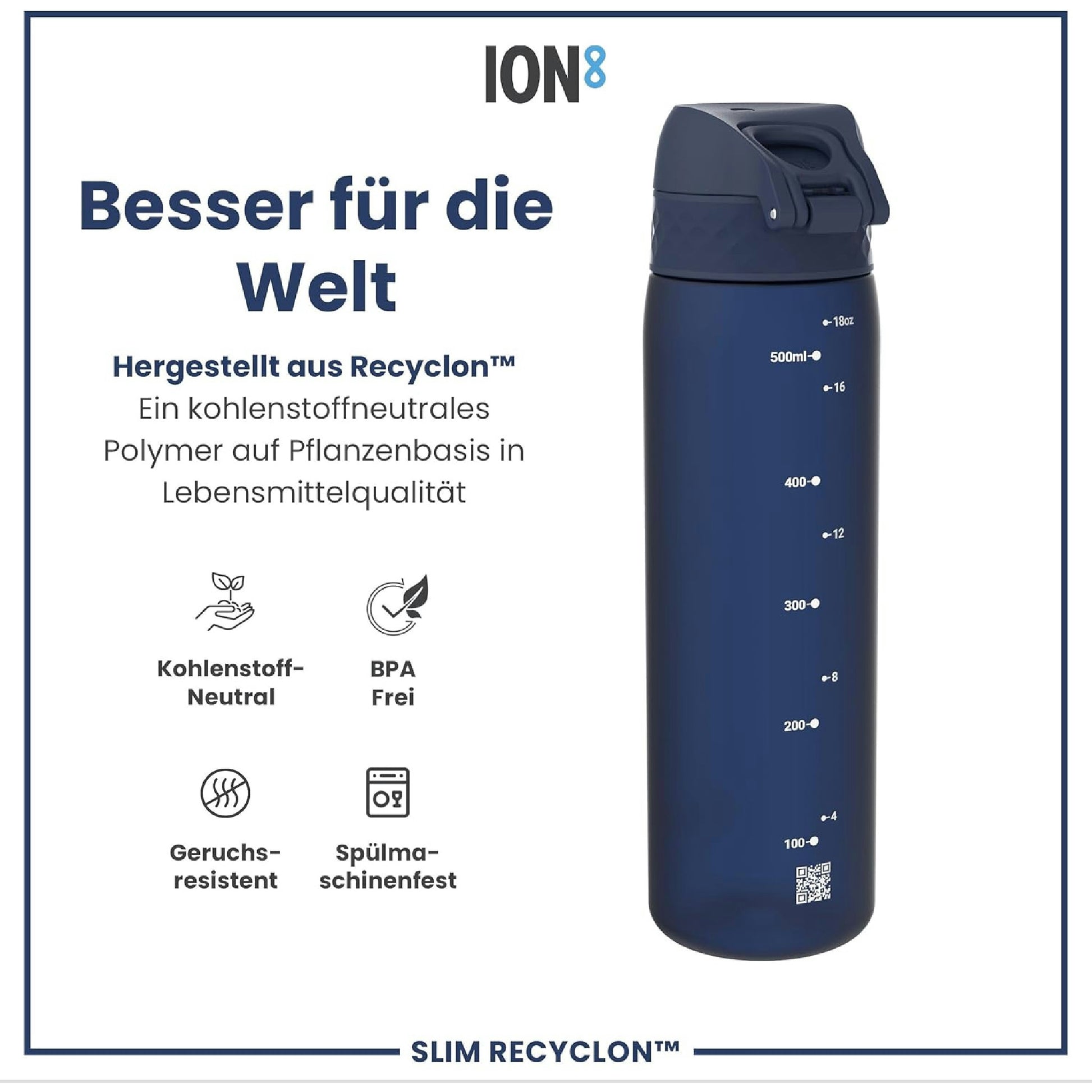 Ion8 Gourde, 500ml, Anti-Fuite, Facile à Ouvrir, Verrouillage Sécurisé, Lavable en Lave-vaisselle, Sans BPA, Poignée de Transport, S'adapte aux Porte-gobelets, Facile à Nettoyer, Bleu Marine Hauptansicht