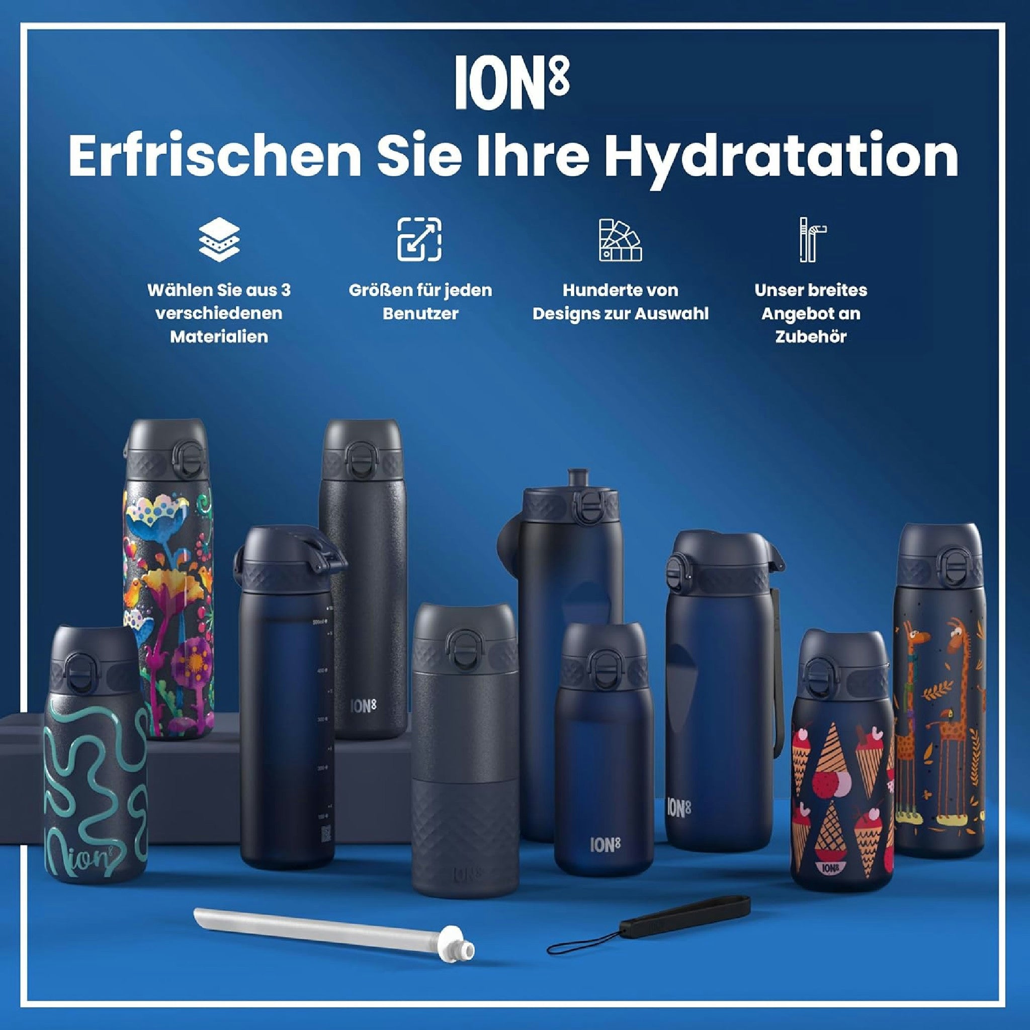 Ion8 Gourde, 500ml, Anti-Fuite, Facile à Ouvrir, Verrouillage Sécurisé, Lavable en Lave-vaisselle, Sans BPA, Poignée de Transport, S'adapte aux Porte-gobelets, Facile à Nettoyer, Bleu Marine Hauptansicht