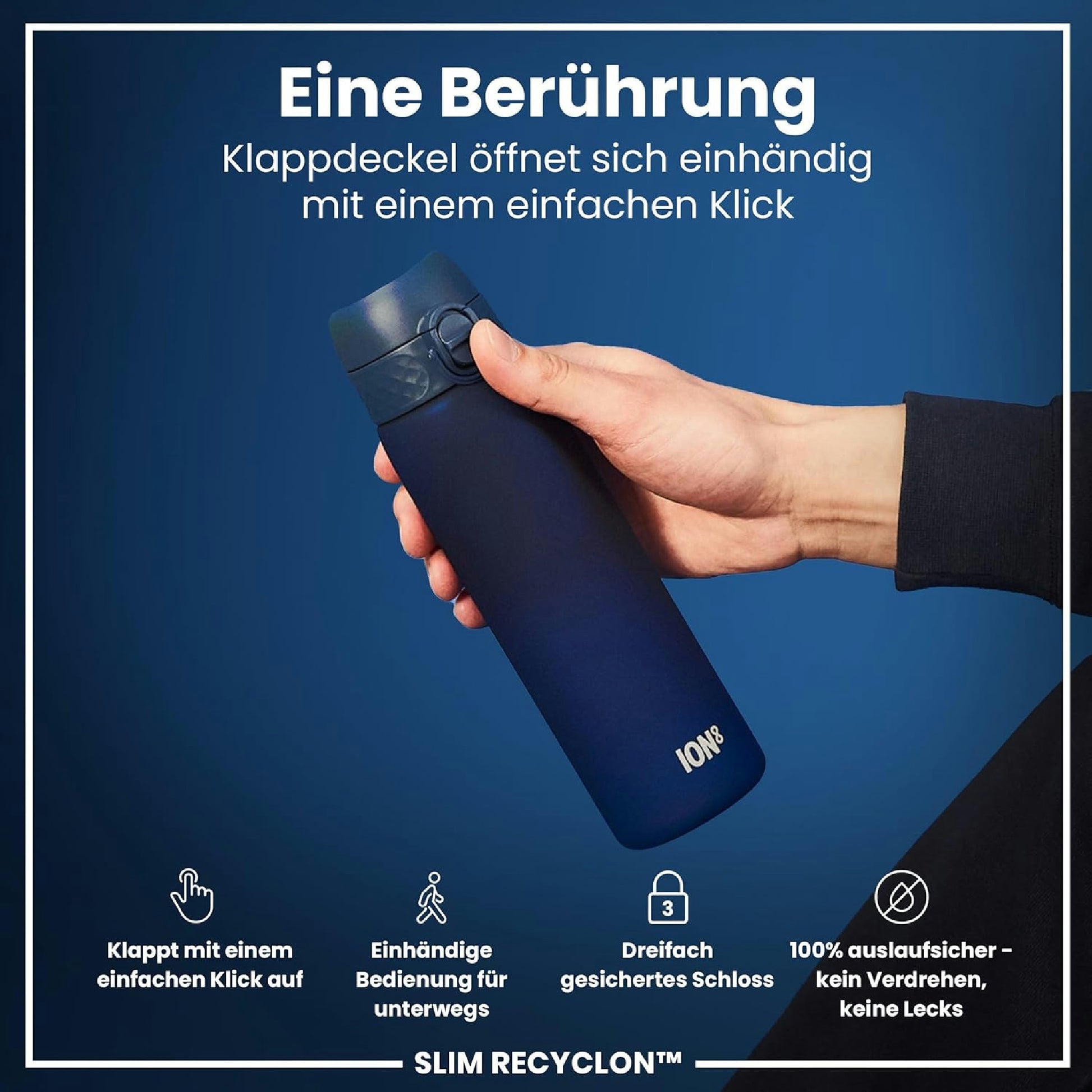 Ion8 Gourde, 500ml, Anti-Fuite, Facile à Ouvrir, Verrouillage Sécurisé, Lavable en Lave-vaisselle, Sans BPA, Poignée de Transport, S'adapte aux Porte-gobelets, Facile à Nettoyer, Bleu Marine Hauptansicht