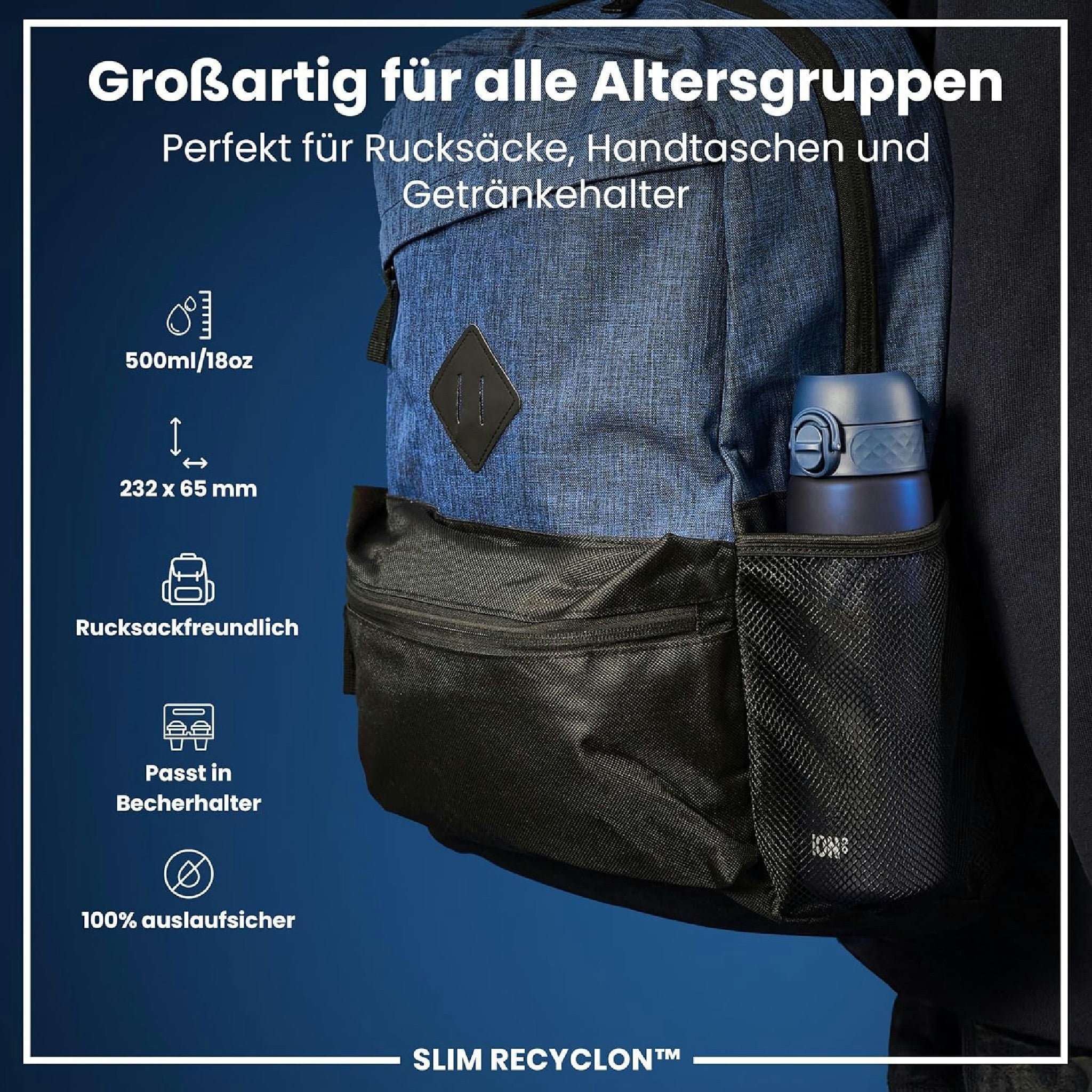 Ion8 Gourde, 500ml, Anti-Fuite, Facile à Ouvrir, Verrouillage Sécurisé, Lavable en Lave-vaisselle, Sans BPA, Poignée de Transport, S'adapte aux Porte-gobelets, Facile à Nettoyer, Bleu Marine Hauptansicht