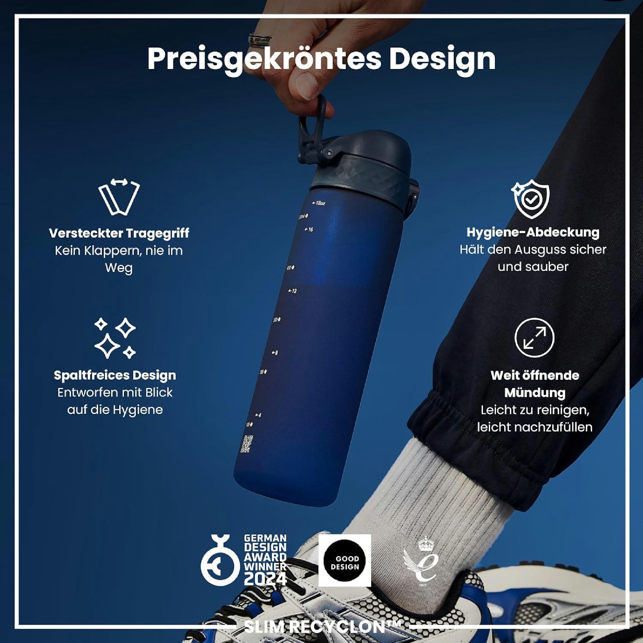 Ion8 Gourde, 500ml, Anti-Fuite, Facile à Ouvrir, Verrouillage Sécurisé, Lavable en Lave-vaisselle, Sans BPA, Poignée de Transport, S'adapte aux Porte-gobelets, Facile à Nettoyer, Bleu Marine Hauptansicht