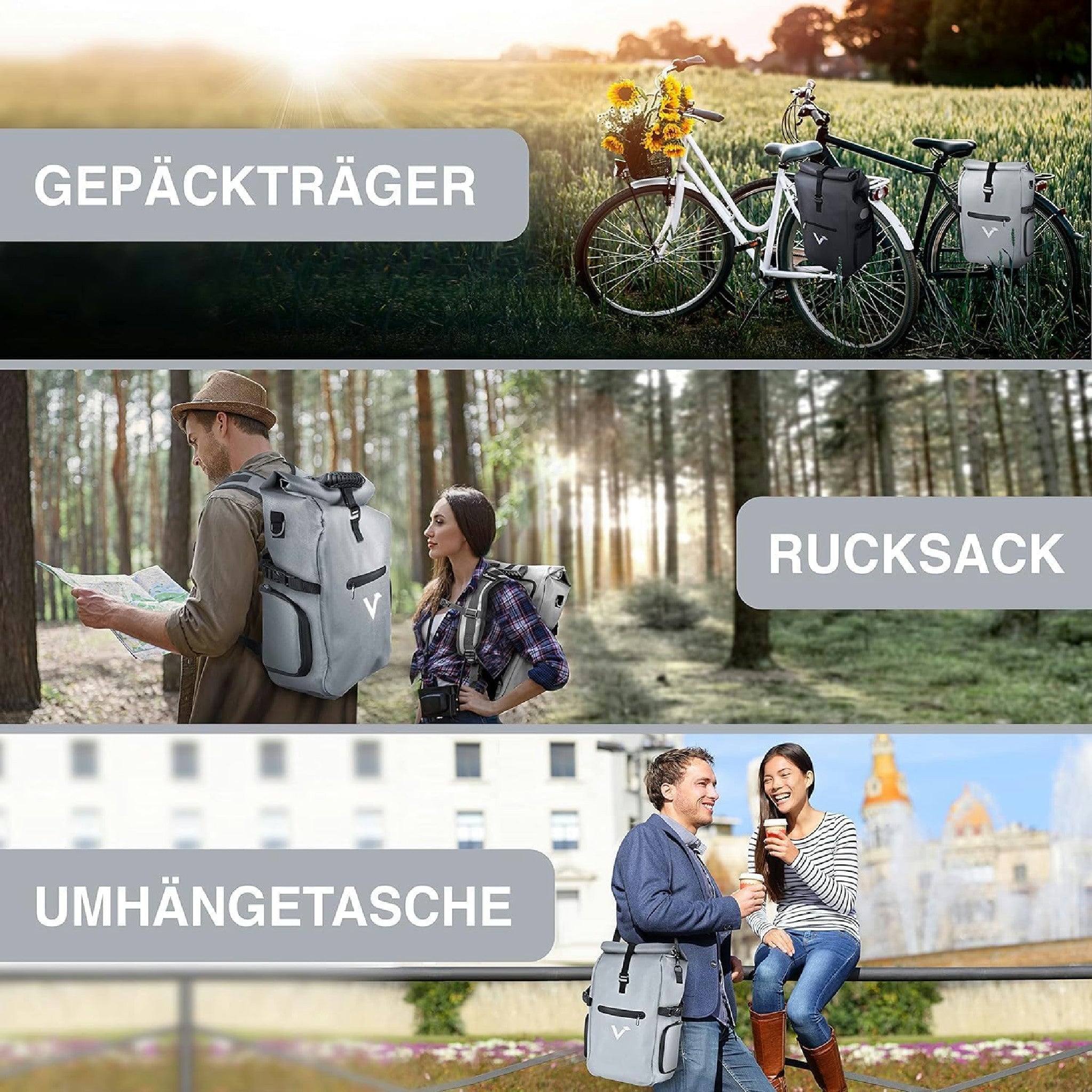 Valkental - Hochwertige & Vollreflektierende Fahrradtasche - 23L - Geeignet als Gepäckträgertasche, Rucksack & Umhängetasche - 100% Wasserdicht Hauptansicht