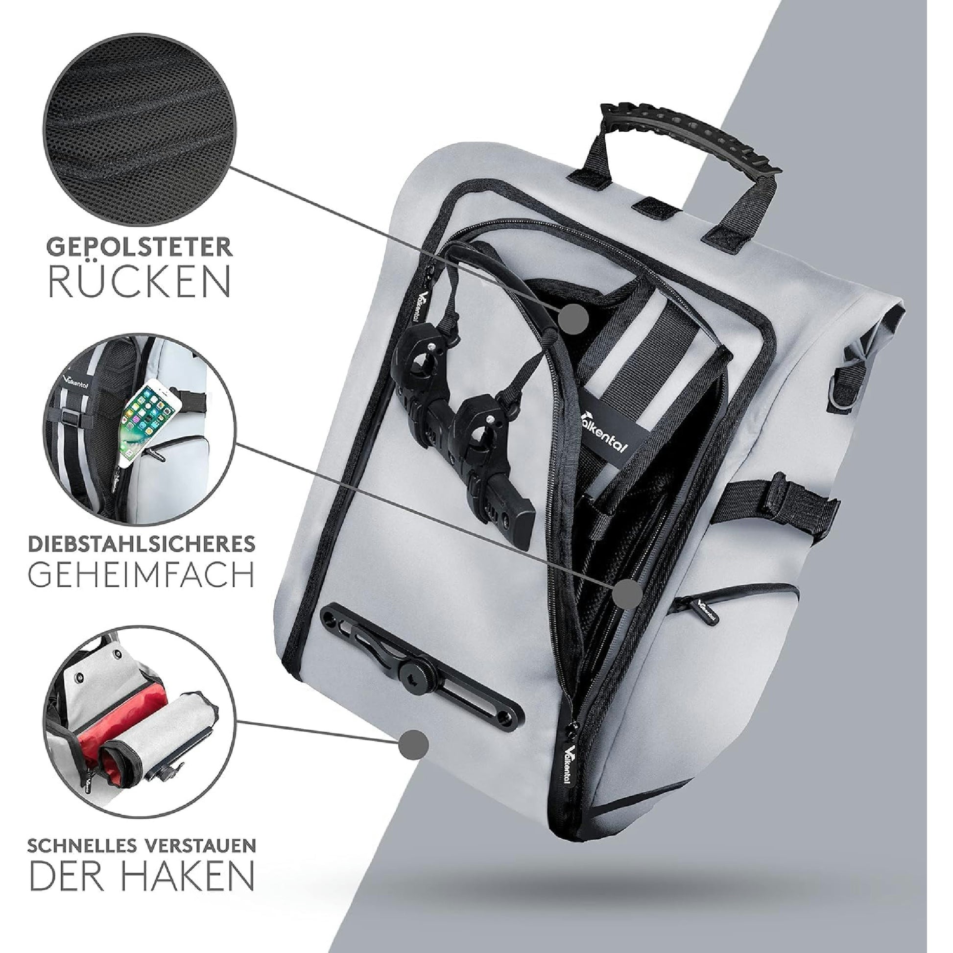 Valkental - Hochwertige & Vollreflektierende Fahrradtasche - 23L - Geeignet als Gepäckträgertasche, Rucksack & Umhängetasche - 100% Wasserdicht Hauptansicht
