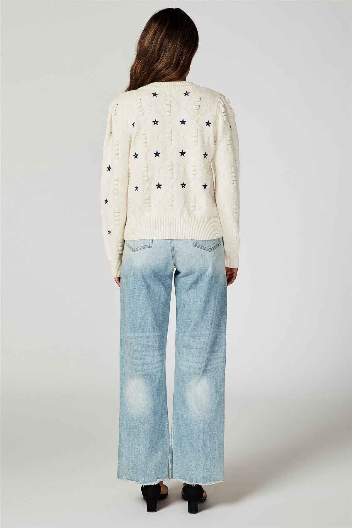 Star Embroidered Knitted Cardigan In Bone White