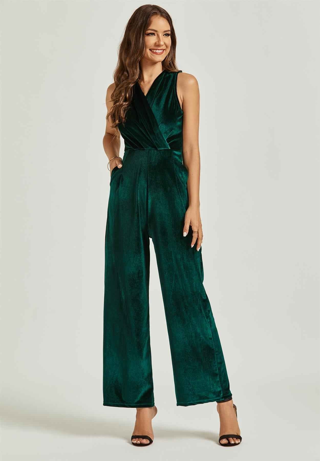 Velvet Wrap Jumpsuit In Green