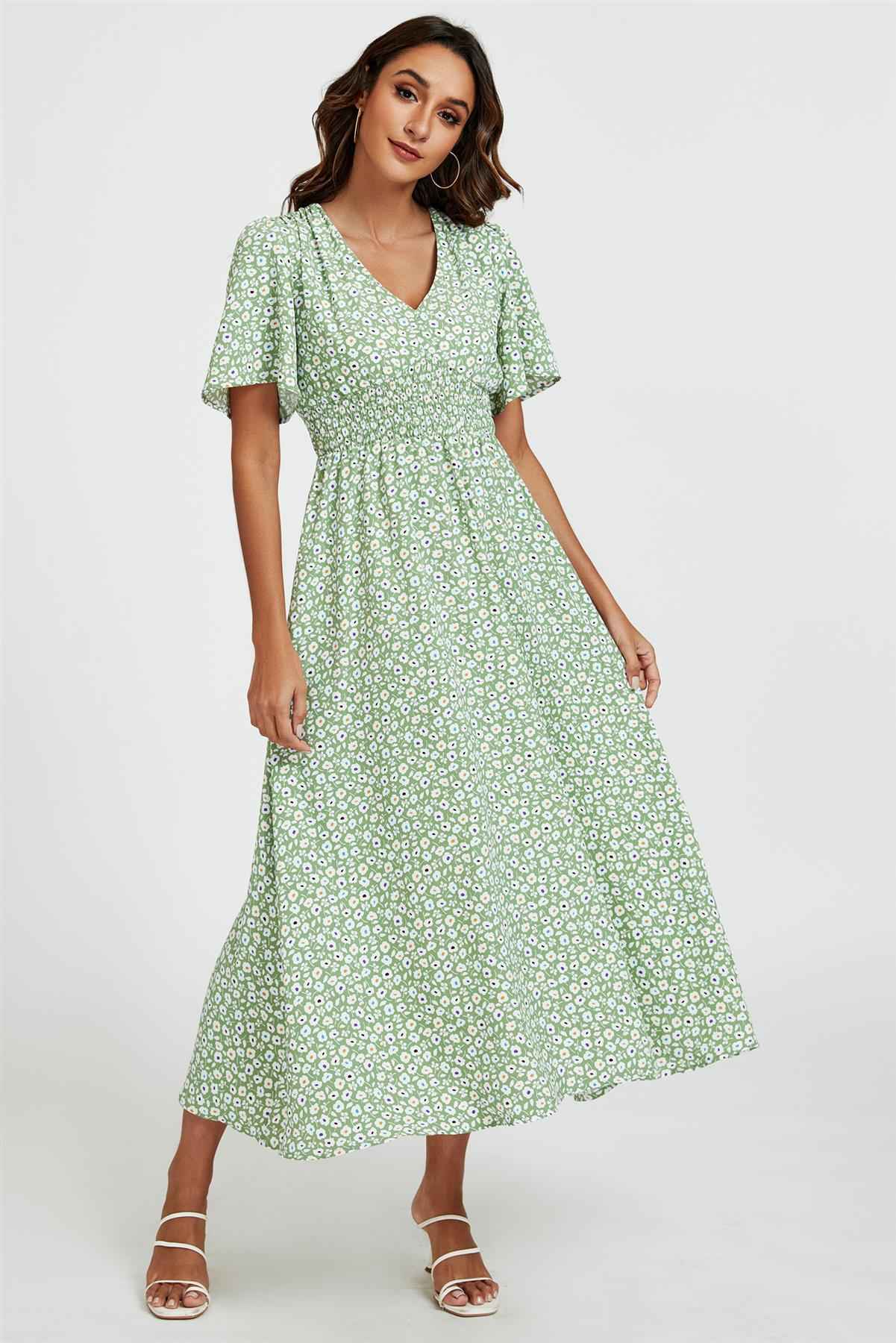 Multi Floral Print V Neck Midi Dress In Green