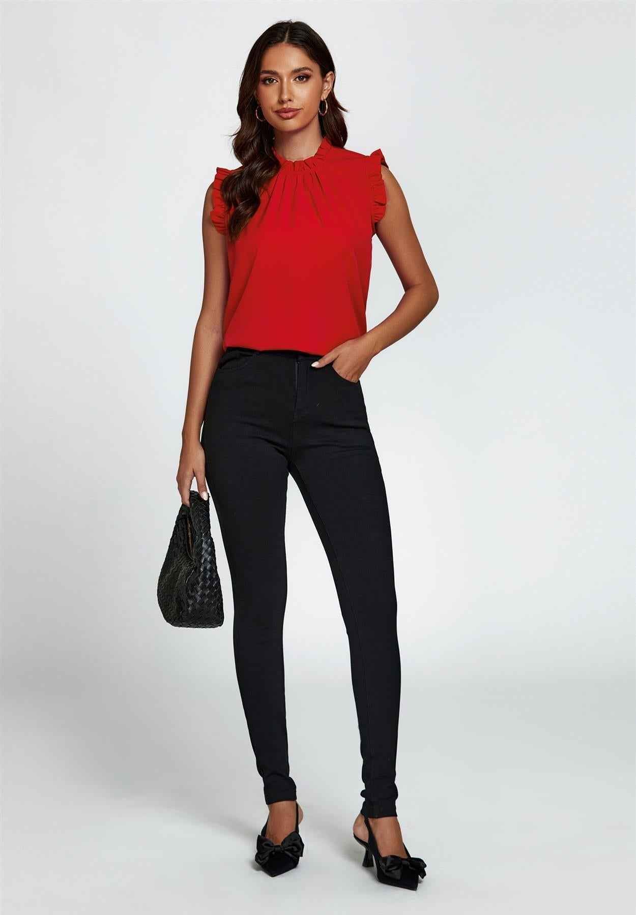 Frill Trim Sleeve Frill Neck Blouse Top In Red