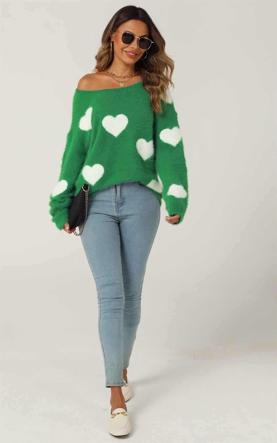 Relaxed Comfy White Heart Pattern Jumper Top In Green