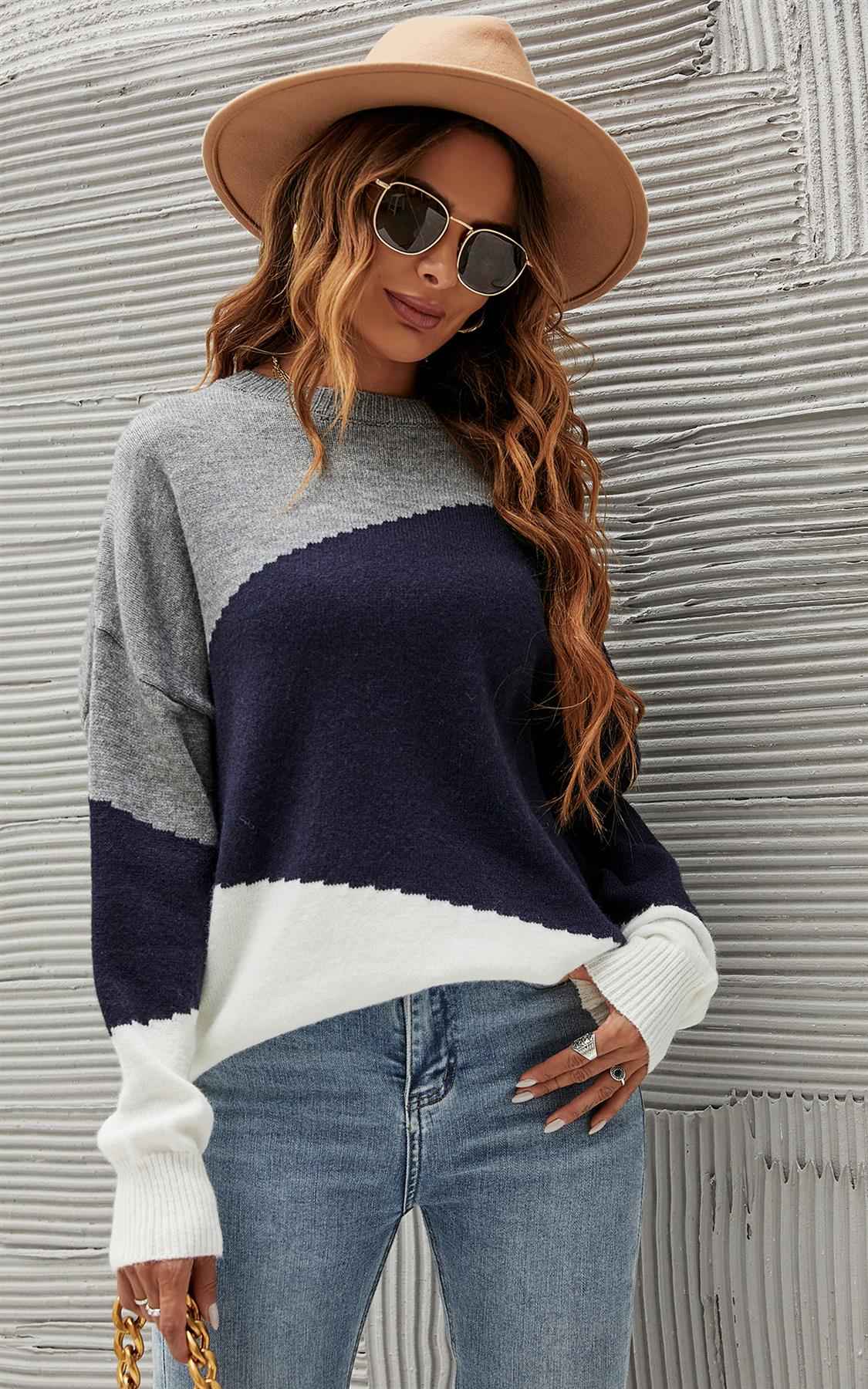 Navy & White Block Colour Jumper Top In Grey