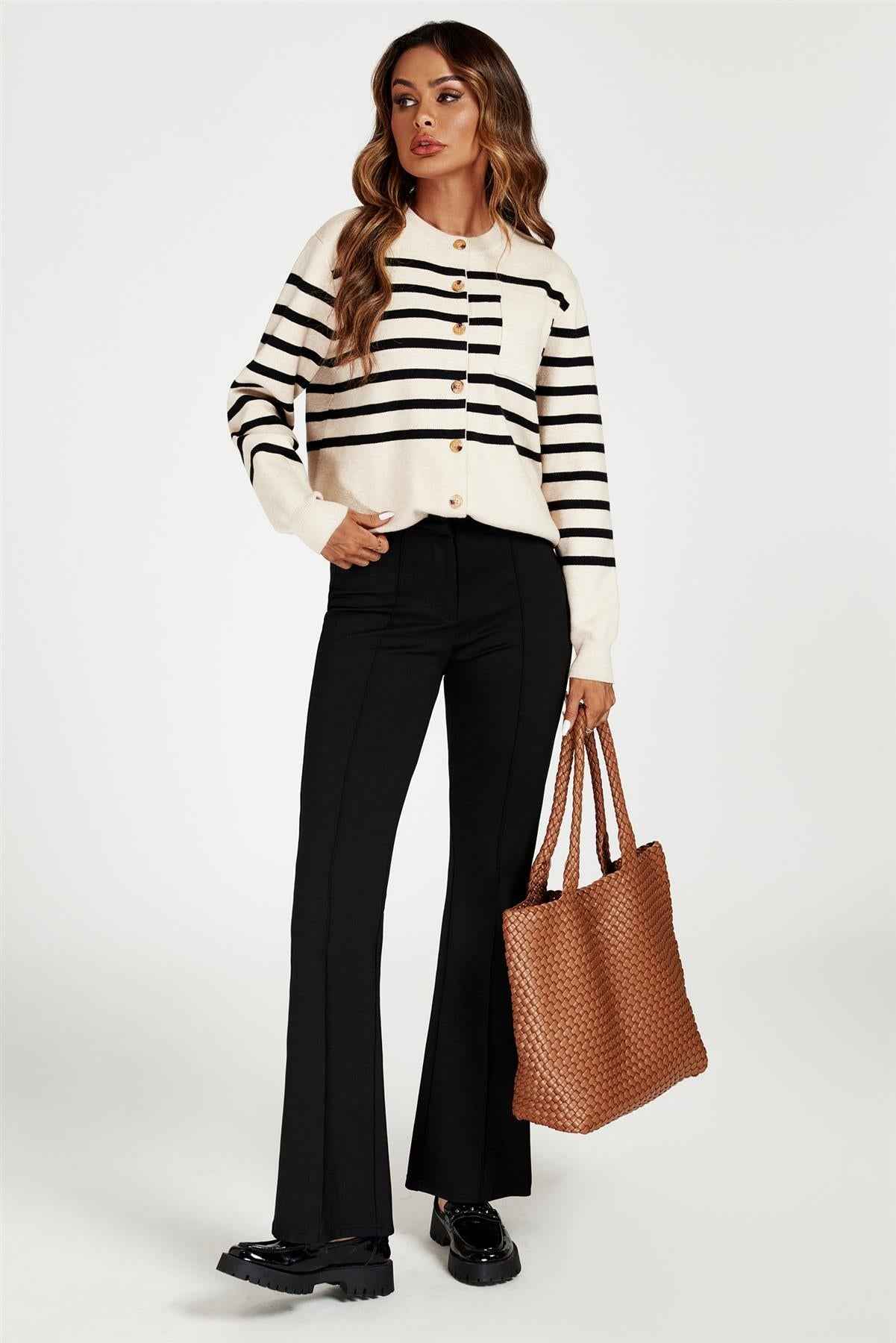 Pocket Stripe Knitted Cardigan In Cream