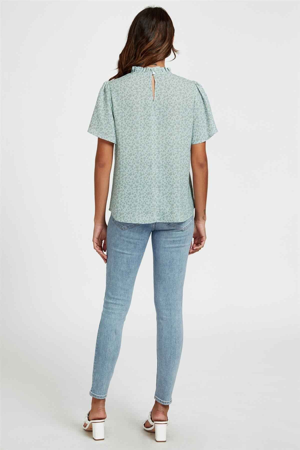 Grey Little Floral Print Angle Sleeve High Neck Top/Blouse In Blue