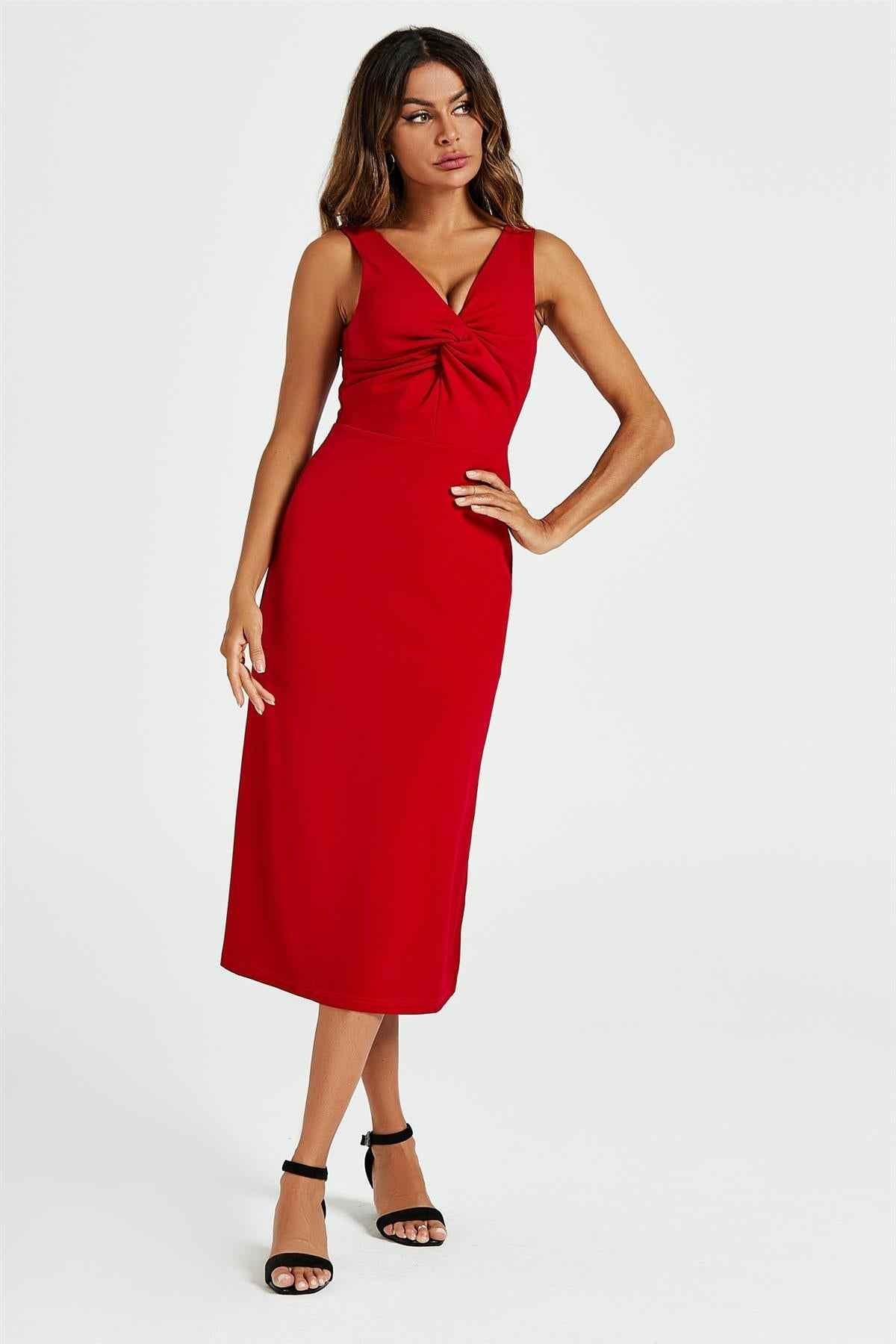 V Neck Knot Front Midi Dress In Red