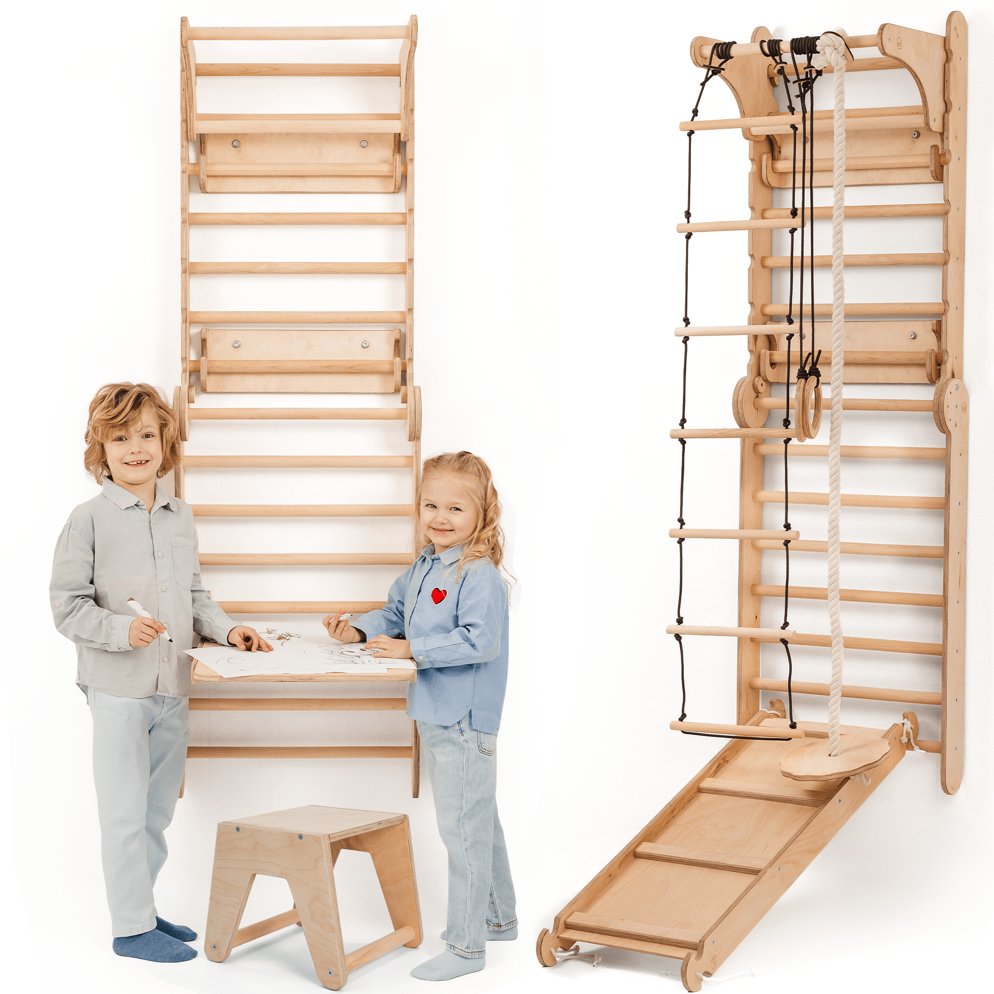 Beige 8in1 Kletterwand Indoor mit Sprossenwand, Rutsche und Klimmzugstange
