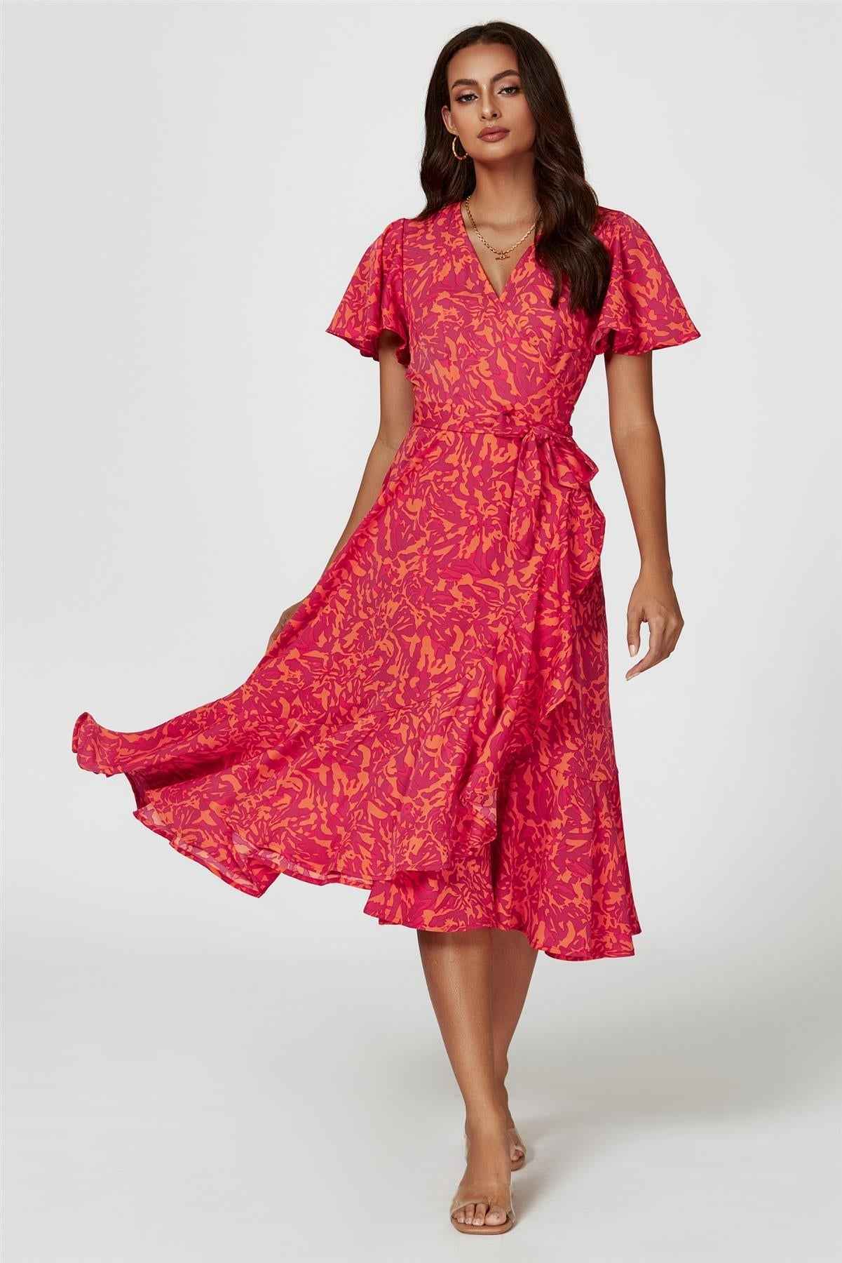 Abstract Print Midi Wrap Dress In Fuchsia
