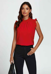 Frill Trim Sleeve Frill Neck Blouse Top In Red