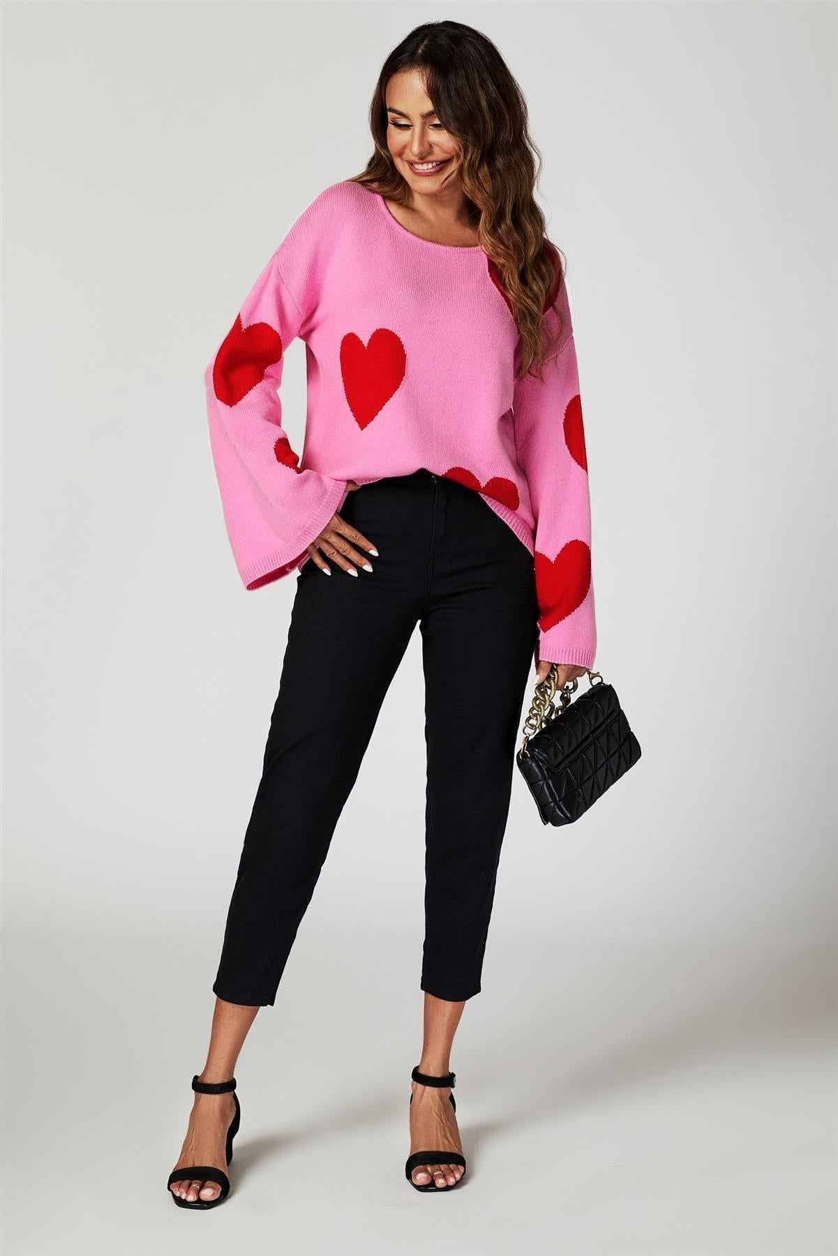 Wide Sleeve Oversize Red Jumper With Pink Heart