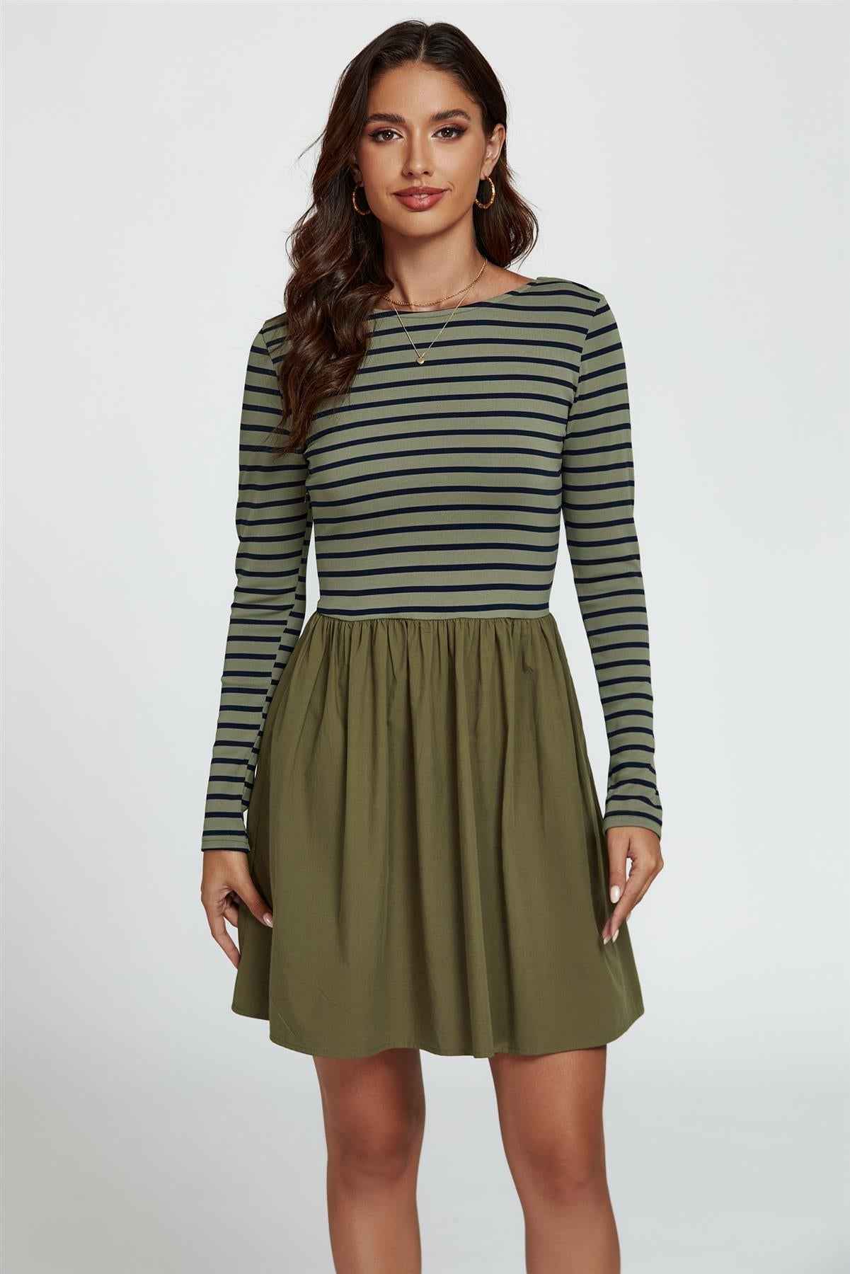 Long Sleeve Stripe Mini Dress In Olive