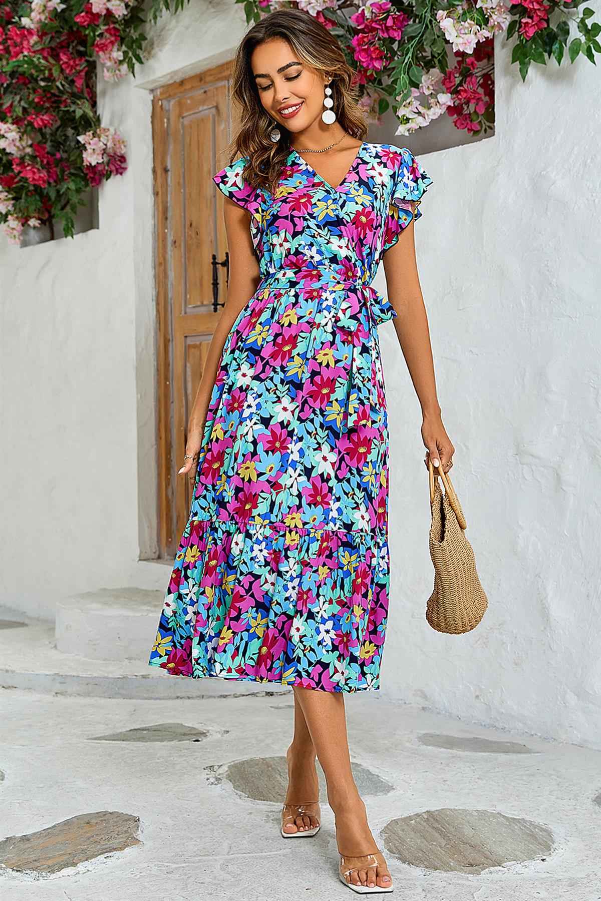 Multi Colour Floral Print Wrap Dress In Navy