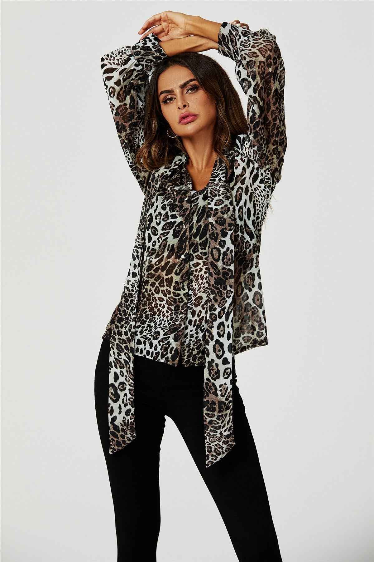 Tie Detail long sleeve Blouse Top In Beige