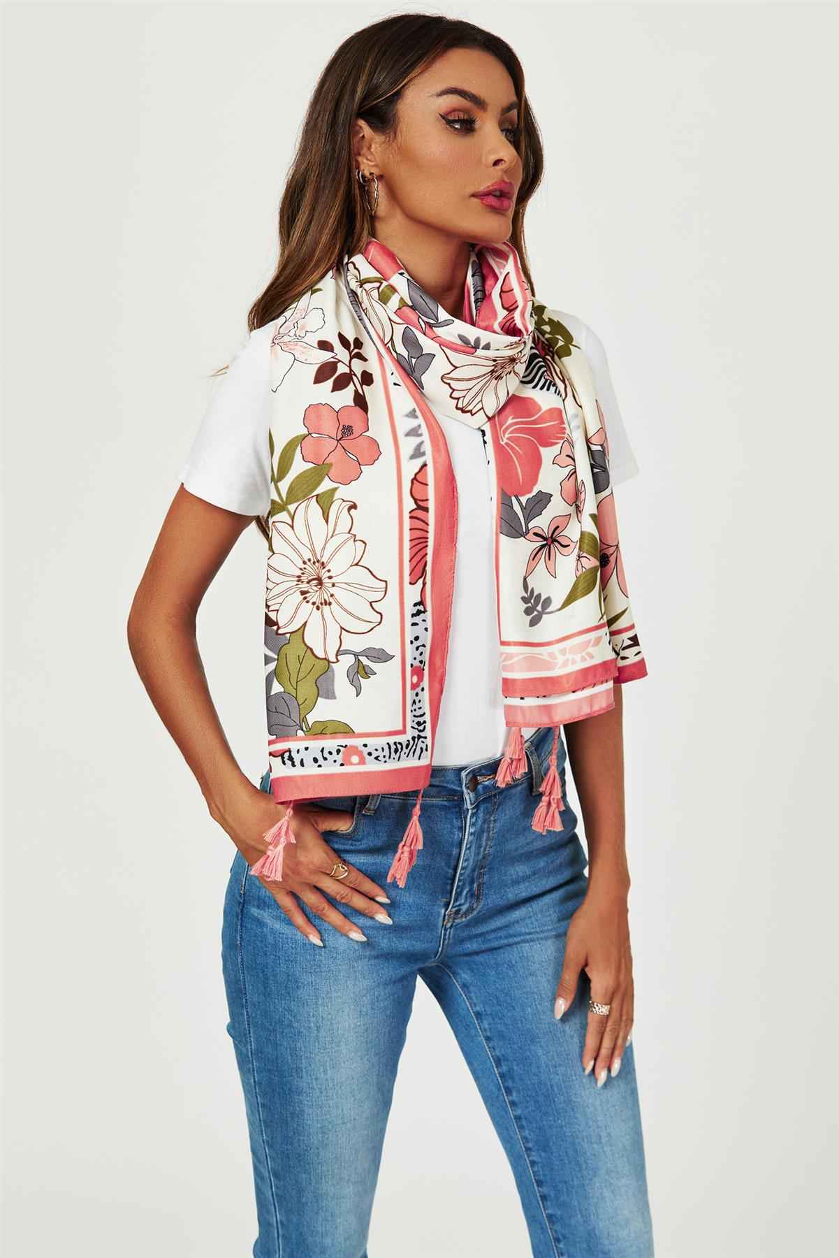 Tropical Floral Print Tassel Scarf In Pink