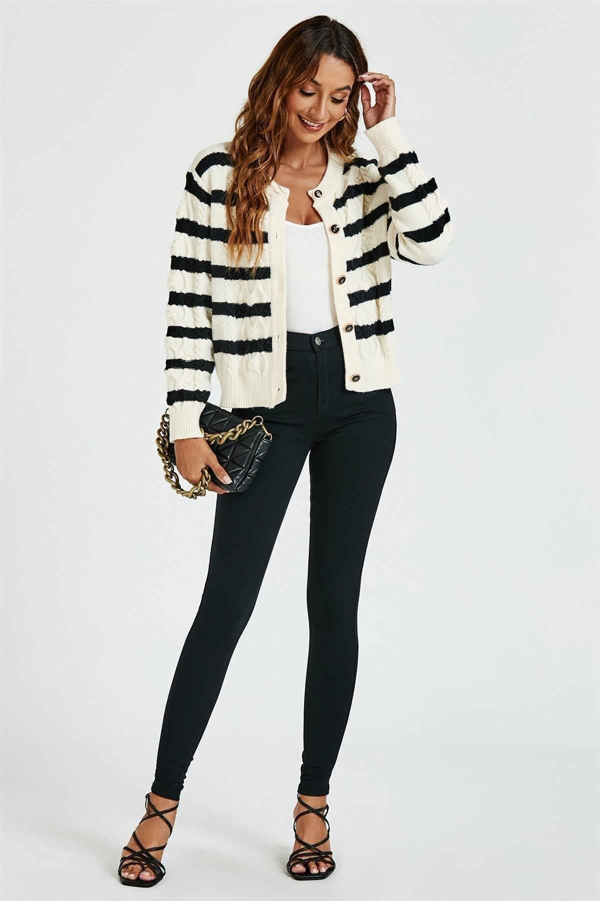 Stripe Pattern Knitted Cardigan In Black