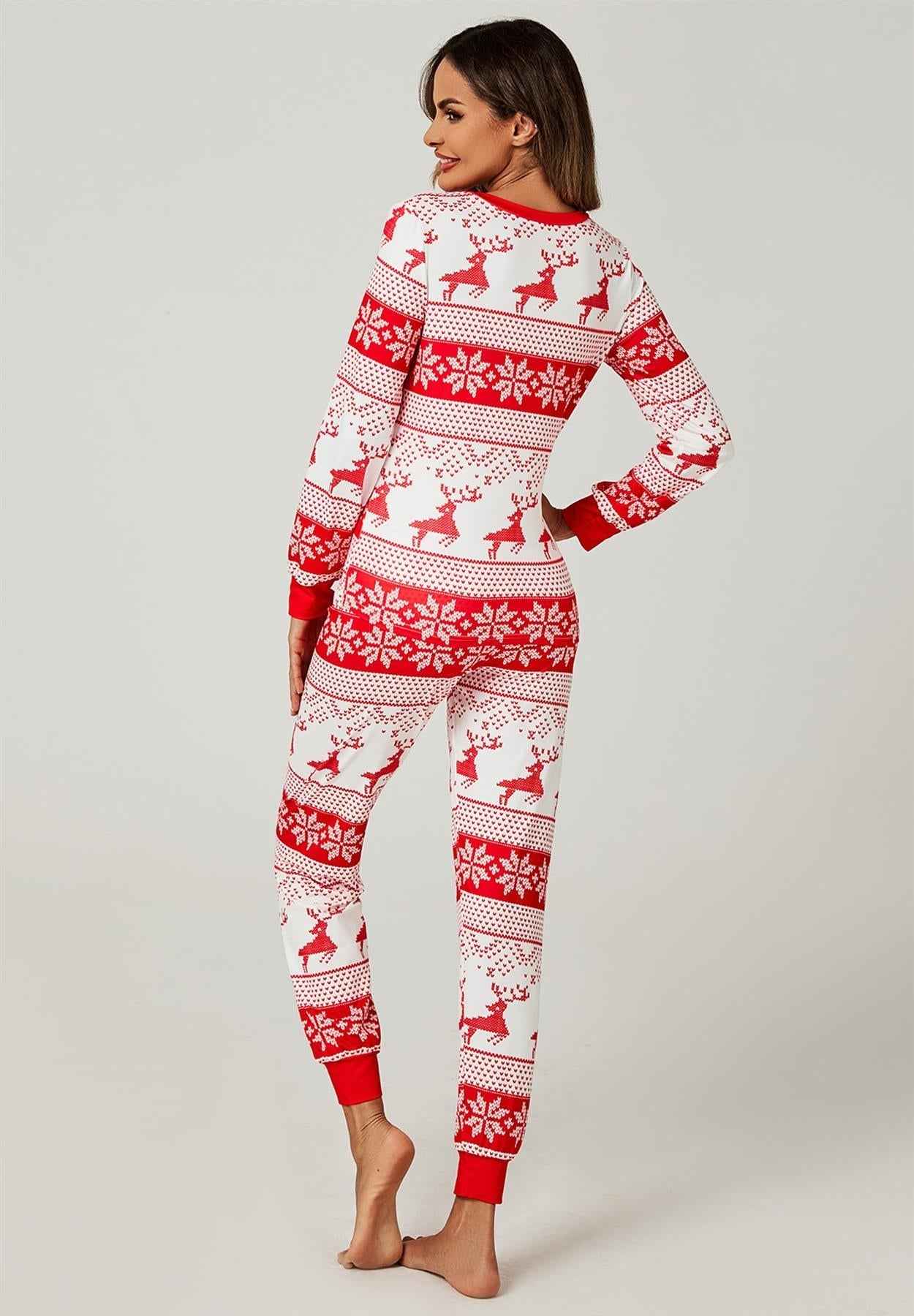 Christmas Long Sleeve SweatShirt Top & Trousers Co Ord Pyjama Sets In White & Red Snow Reindeer