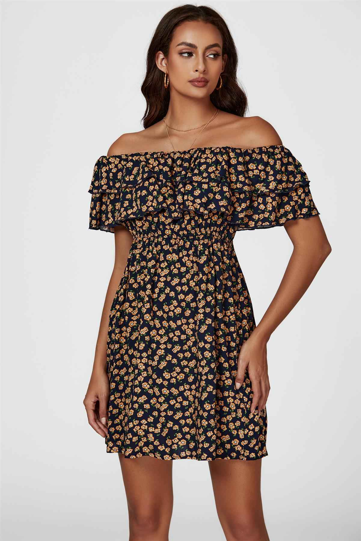 Floral Print Bardot Frill Mini Dress In Navy