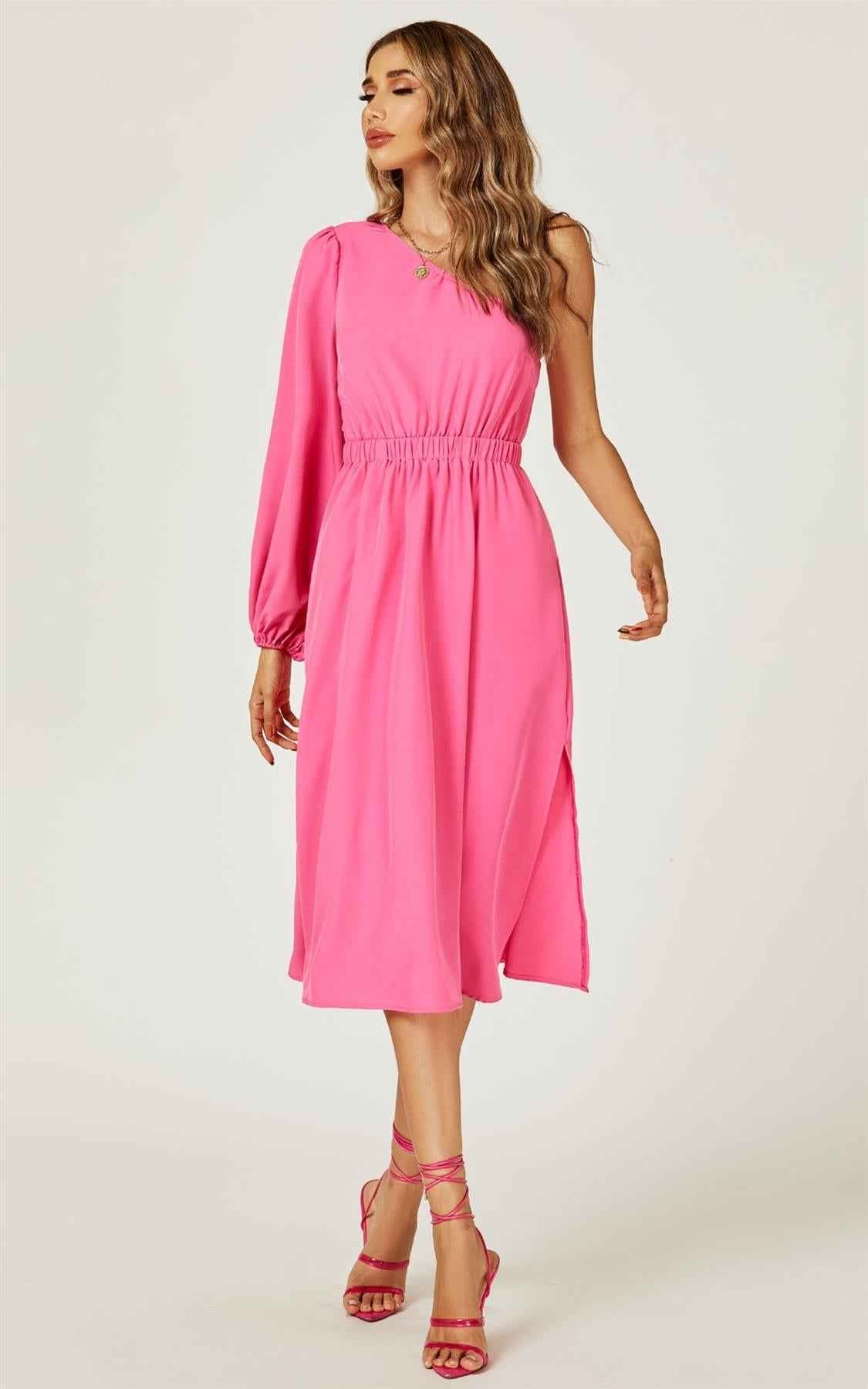 One Shoulder Split Leg Midi Dress In Fuchsia Print