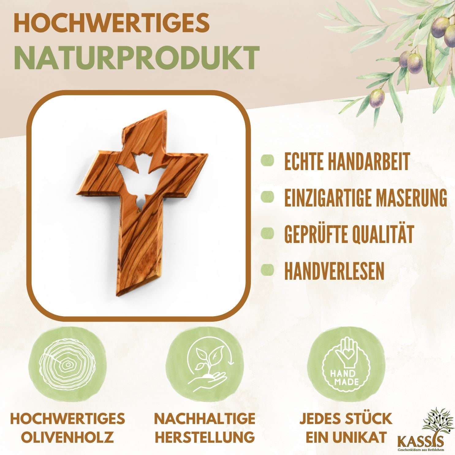 Detailansicht des Olivenholz Wandkreuzes mit Heiligem Geist, handgefertigt von Zeus