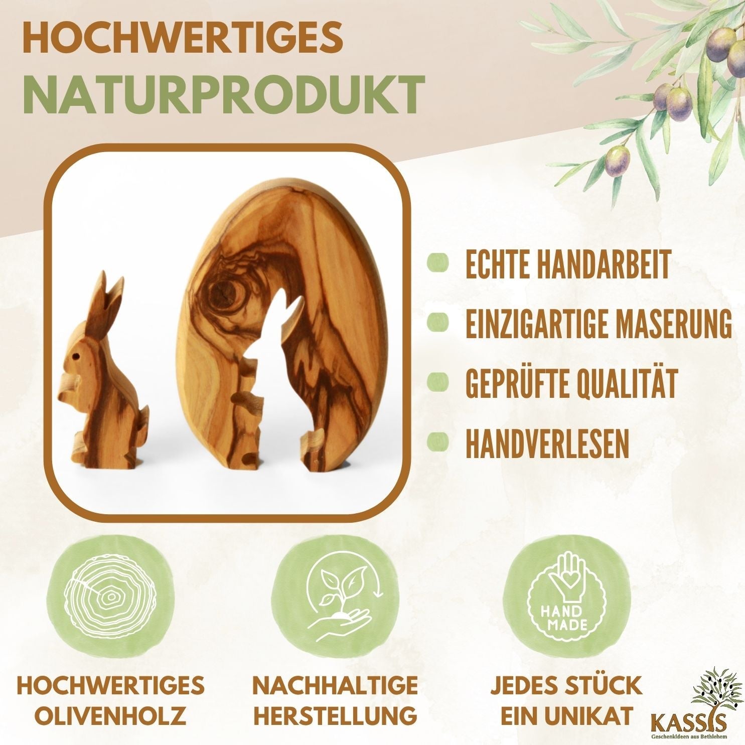 Osterhase im Ei von Zeus, dekorative Tischdeko aus Olivenholz, fröhliches Design
