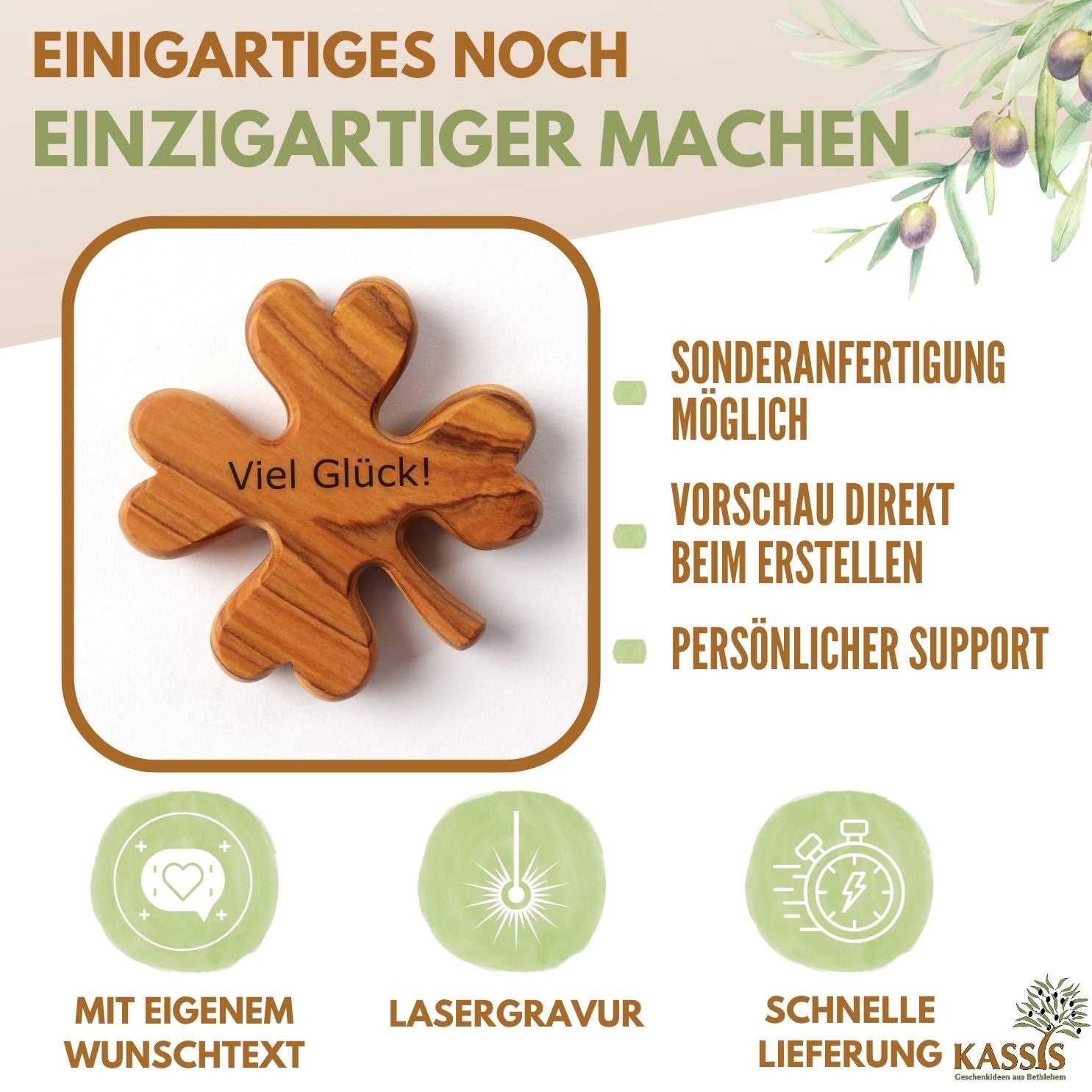 Kleeblatt aus Olivenholz von Zeus, Glücksbringer, natürliche Farbe, handgemacht