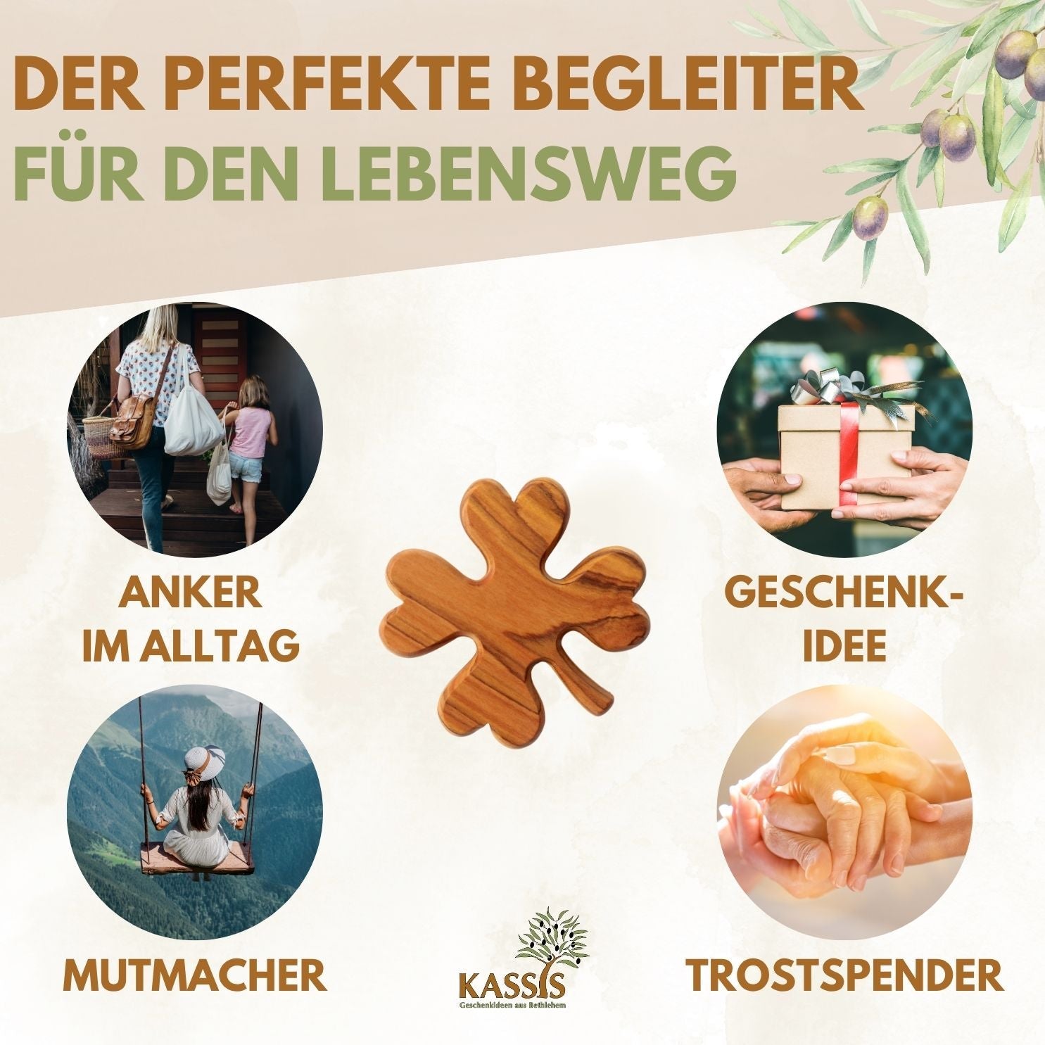 Zeus Kleeblatt aus Olivenholz, Glücksbringer, rustikales Design, perfekte Geschenkidee