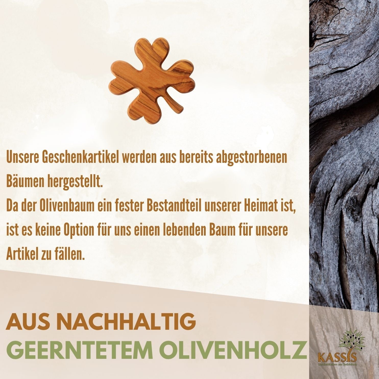Detailansicht vom Zeus Kleeblatt aus Olivenholz, handgefertigt, einzigartig