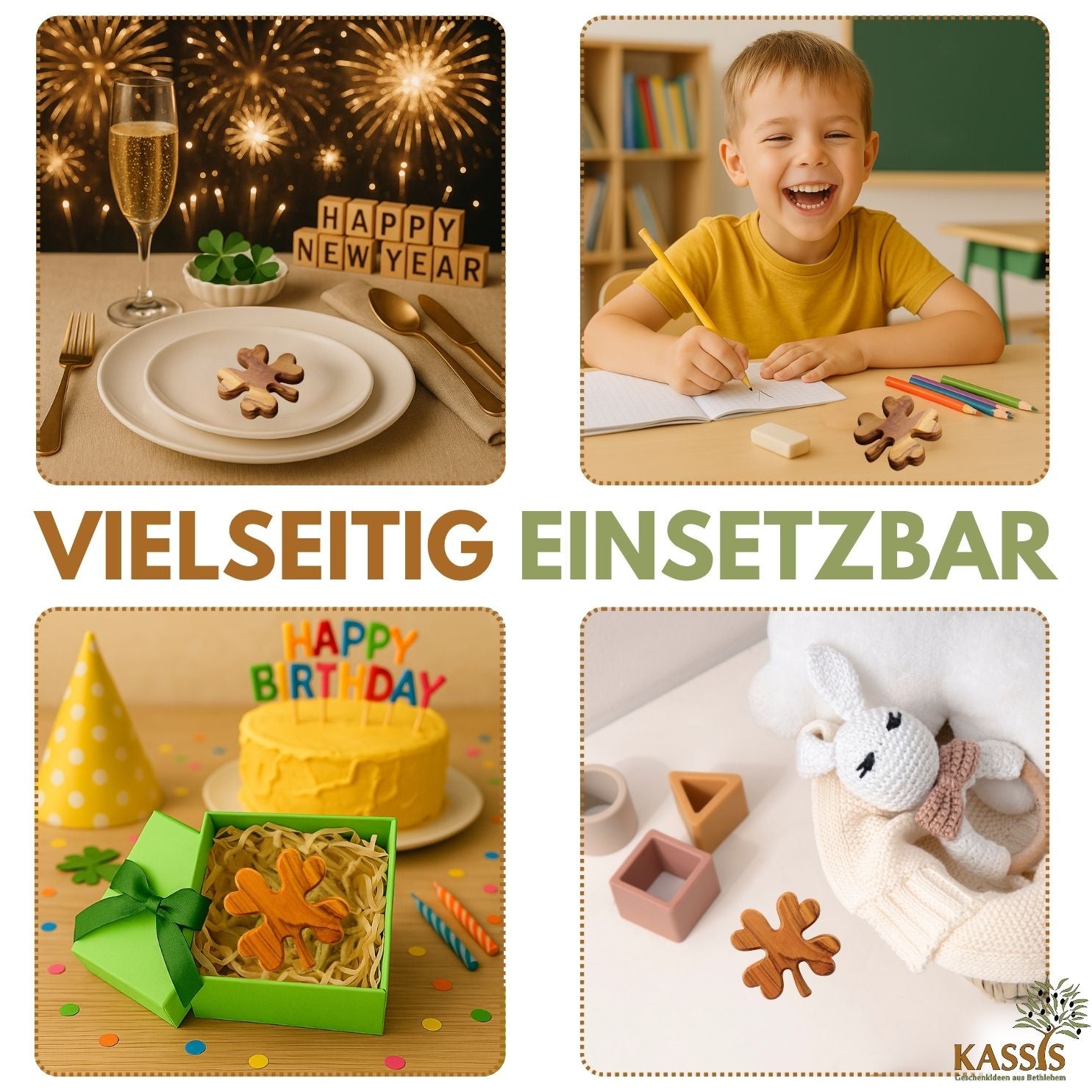 Zeus Olivenholz Kleeblatt, handgefertigt, Glücksbringer mit natürlicher Maserung