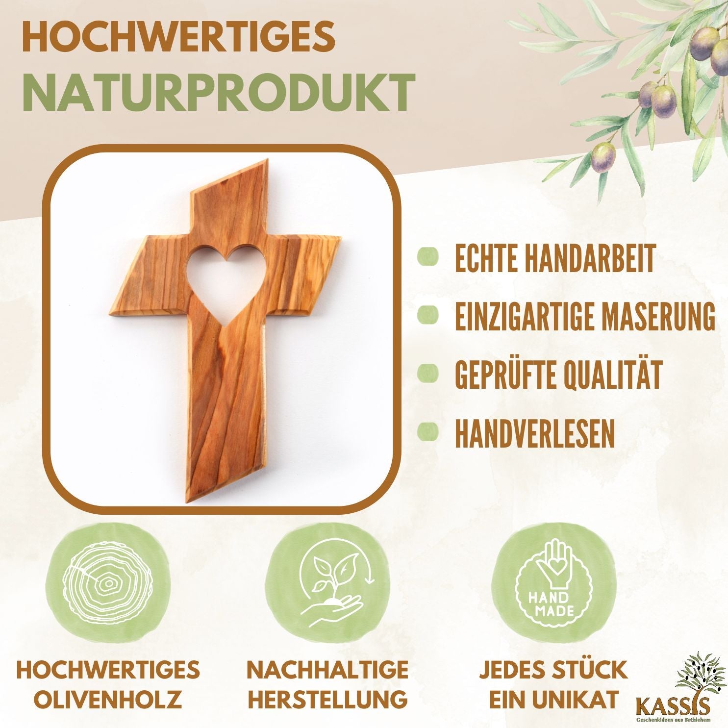 Detailansicht des Olivenholz Wandkreuzes mit Herz von Zeus