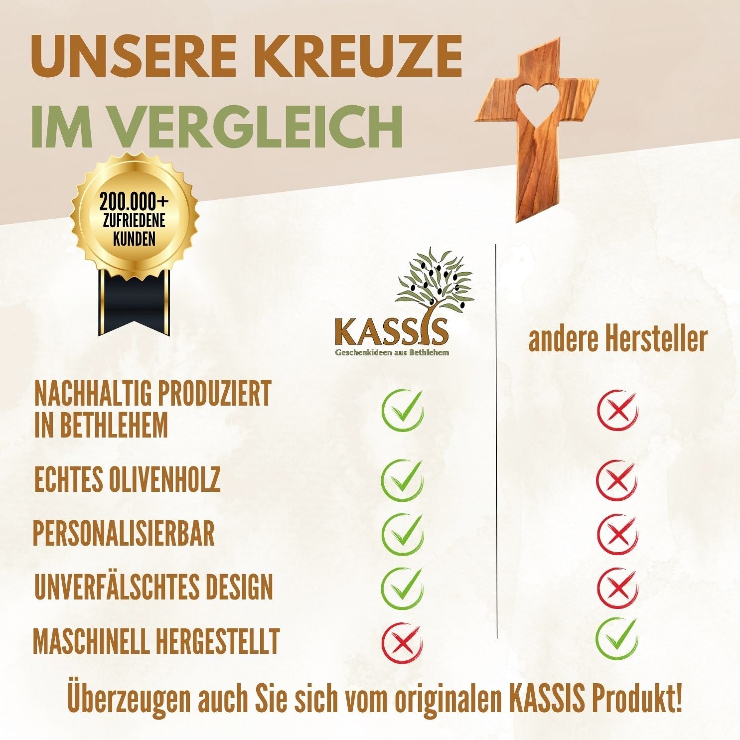 Kreatives Olivenholz Wandkreuz mit Herz von Zeus, handgefertigt