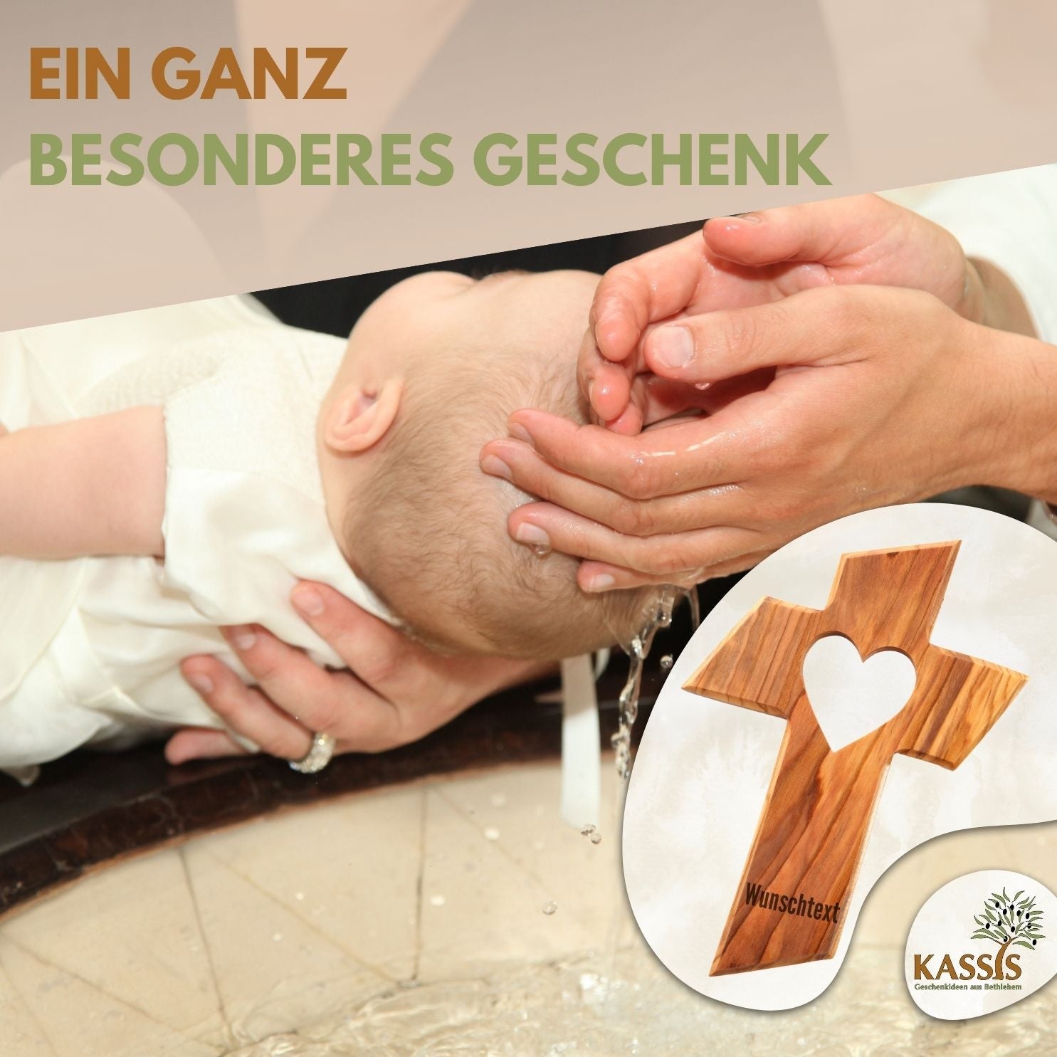 Olivenholz Wandkreuz mit Herz von Zeus, warmes Holzfinish