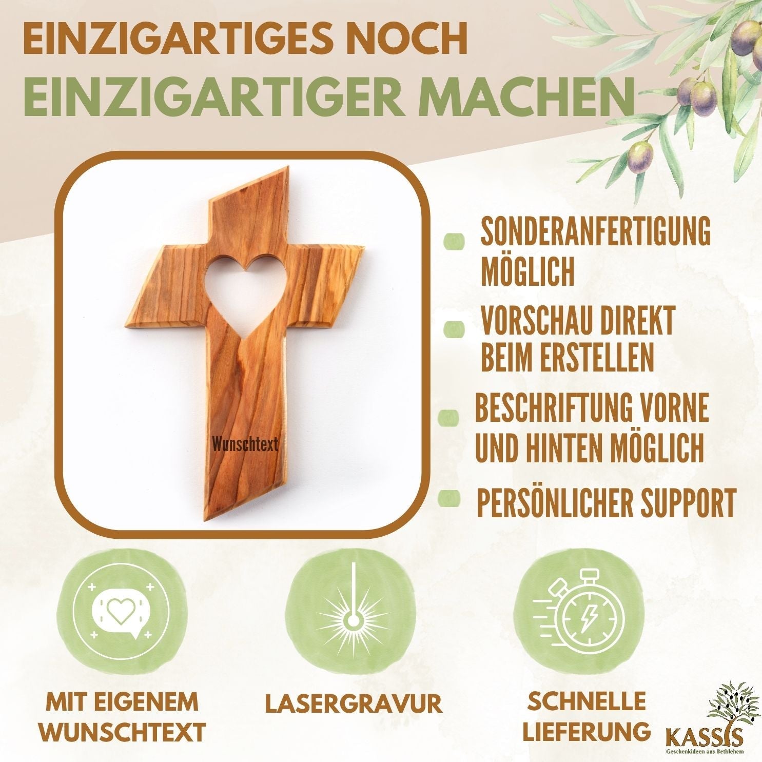 Olivenholz Wandkreuz mit Herz von Zeus, einzigartiges Design