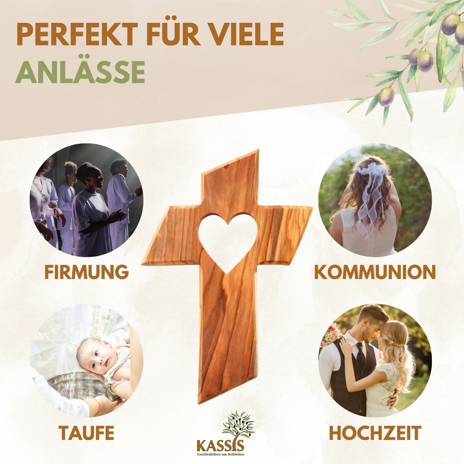 Olivenholz Wandkreuz mit Herz von Zeus, ideal für Dekoration